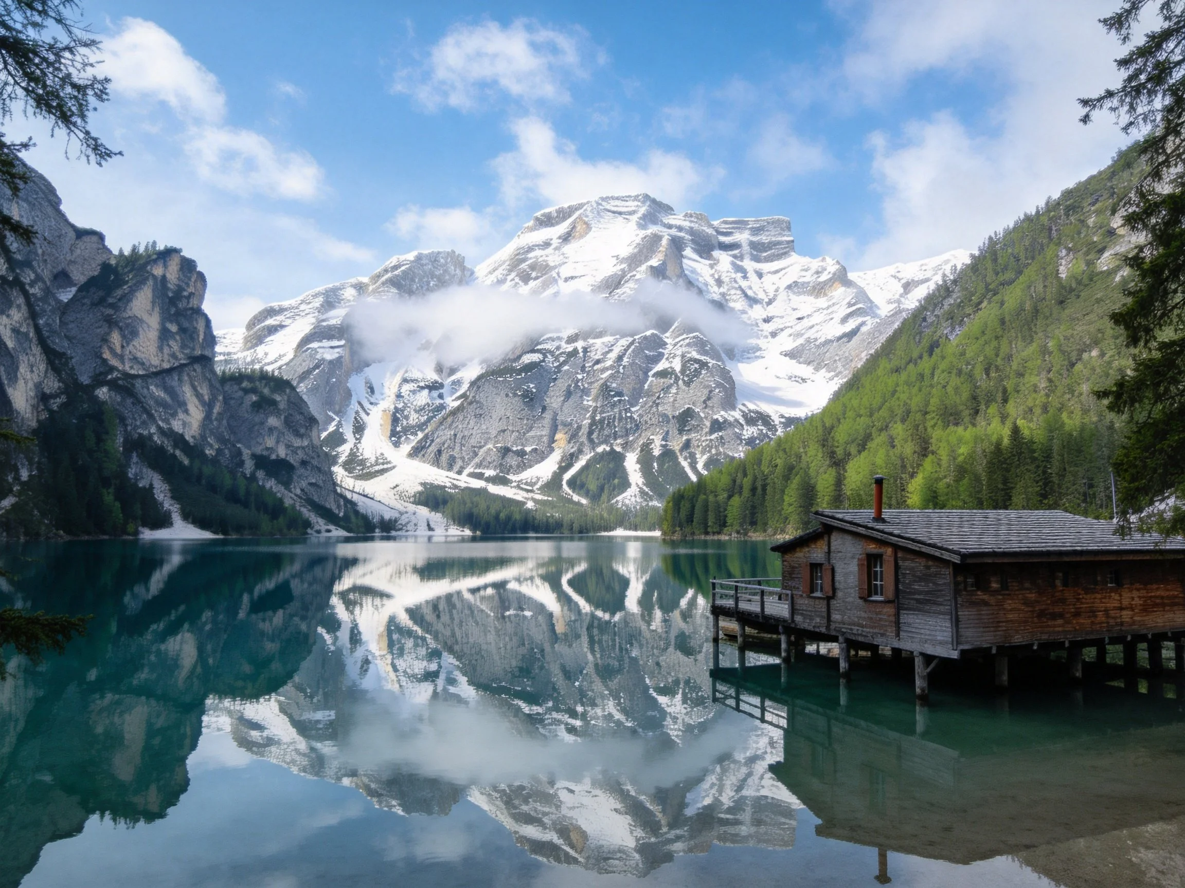 Snow-capped mountains reflect in turquoise lake near wooden cabin
