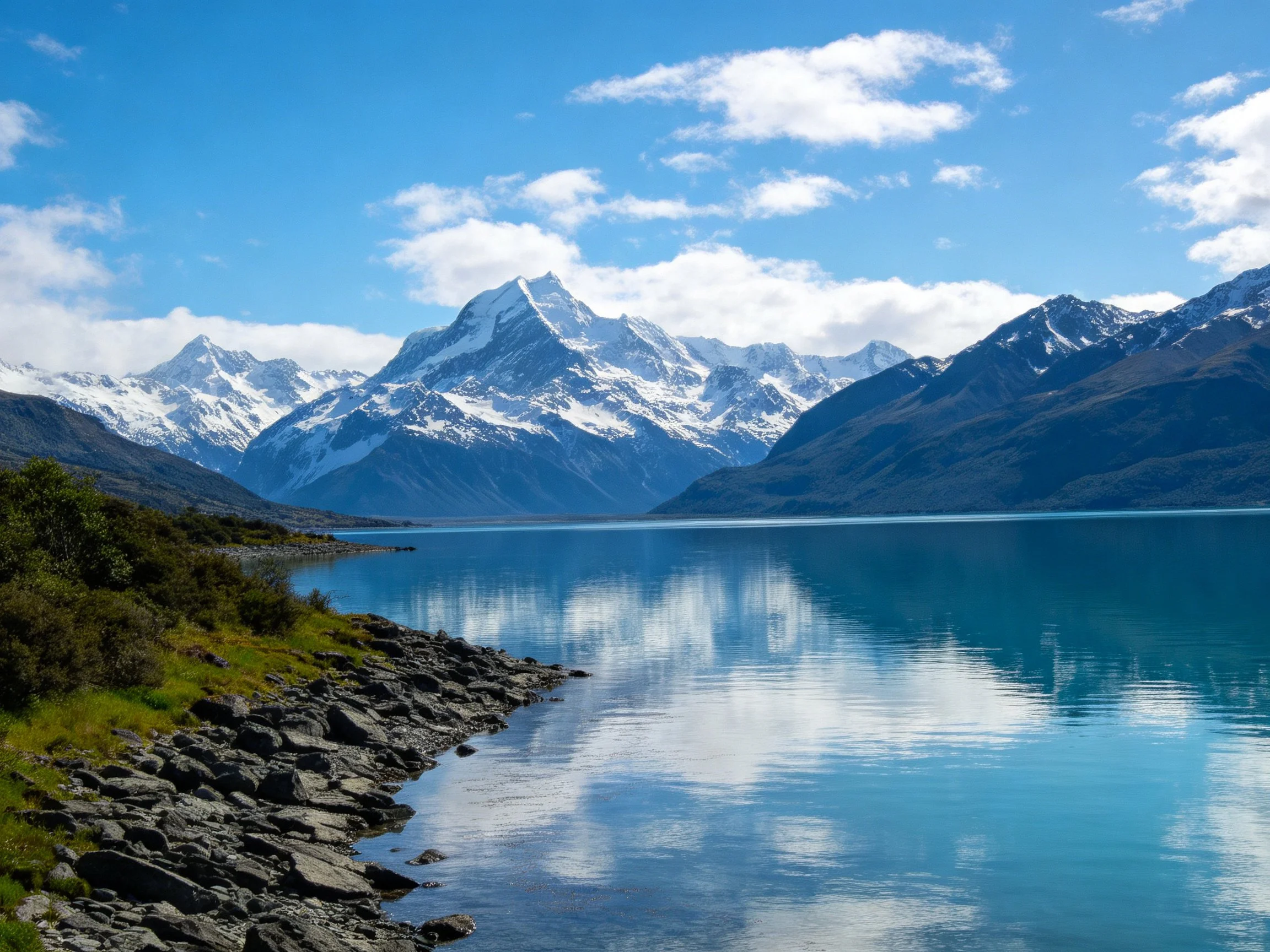 Snow-capped mountains reflect in turquoise lake under bright blue sky