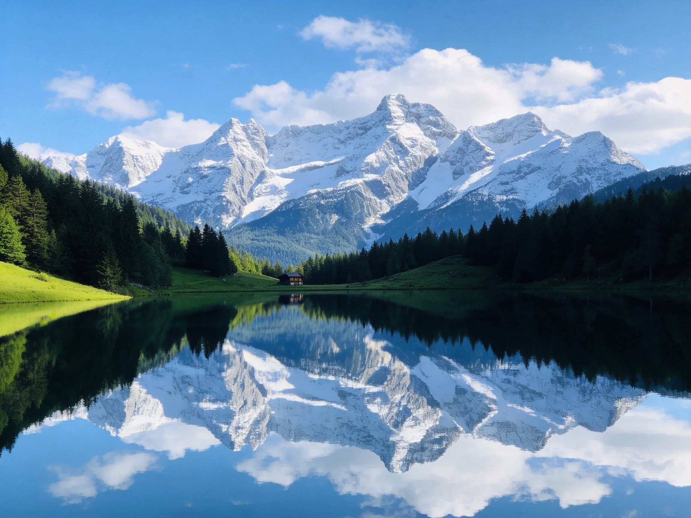 Snow-capped mountains reflected in a calm alpine lake