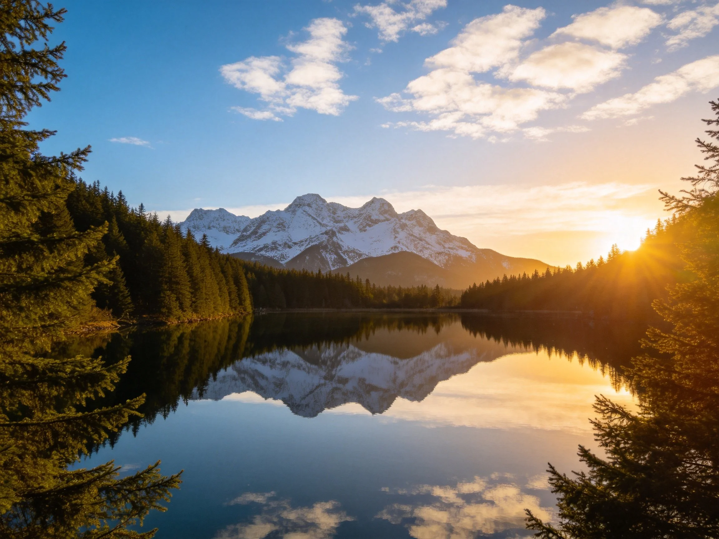 Snow-capped mountains reflected in a calm lake at golden hour