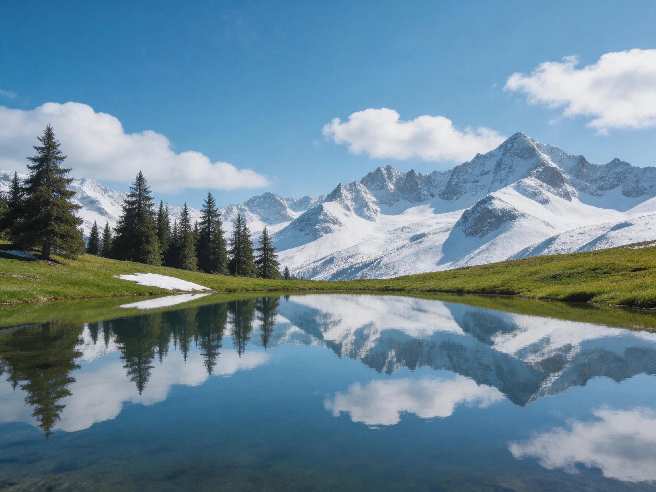 Snow-capped mountains reflected in a clear alpine lake with evergreen trees