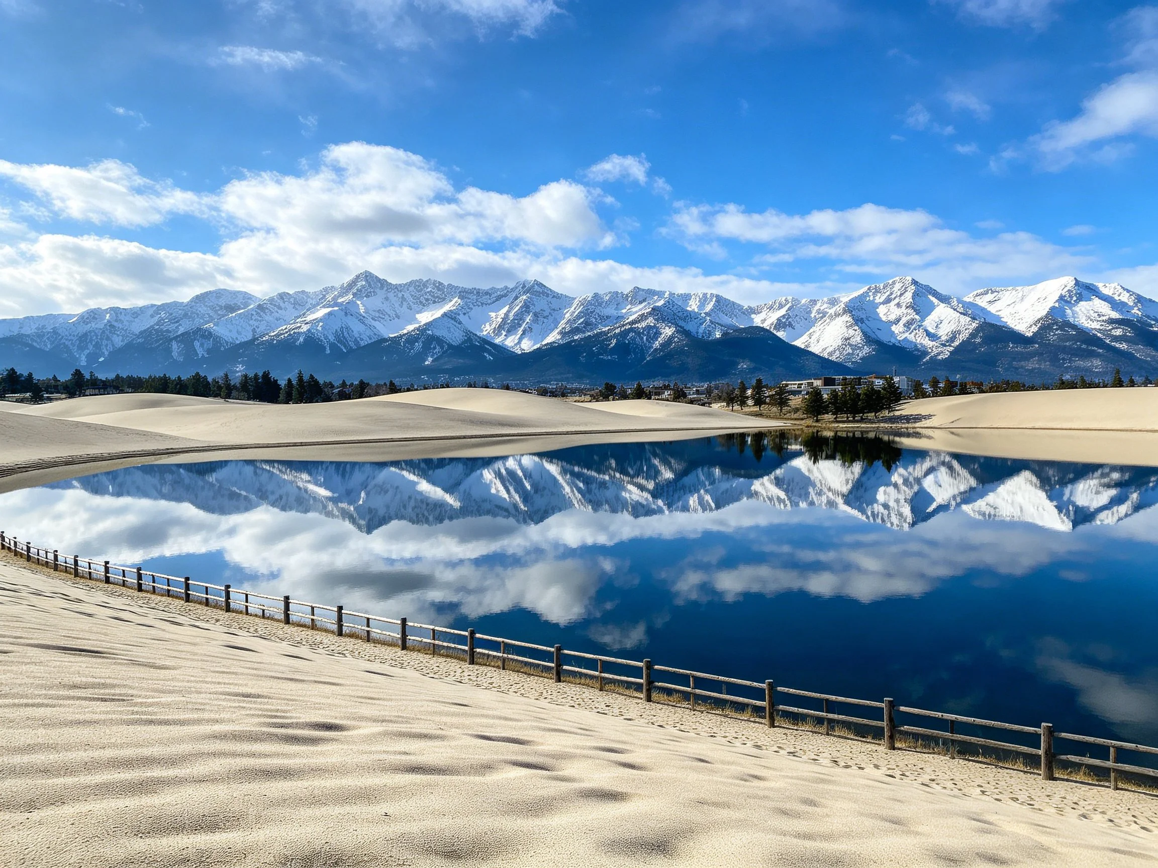 Snow - capped mountains reflected in a serene lake amid sandy dunes