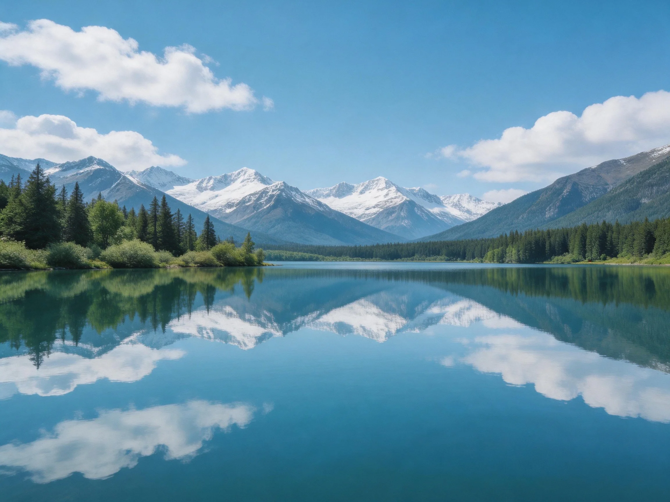 Snow-capped mountains reflected in a tranquil blue lake