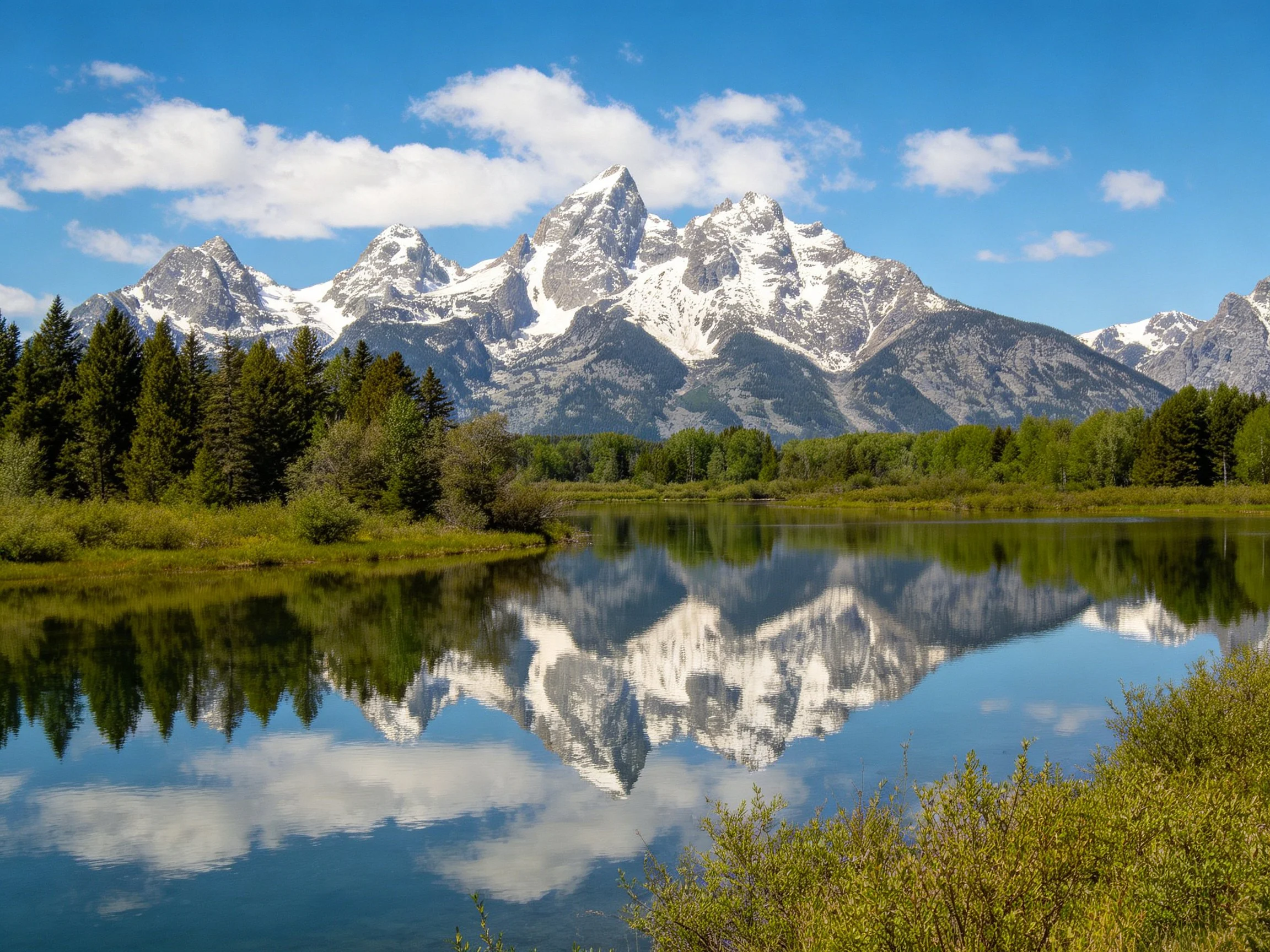 Snow-capped mountains reflected in a tranquil lake with lush forests