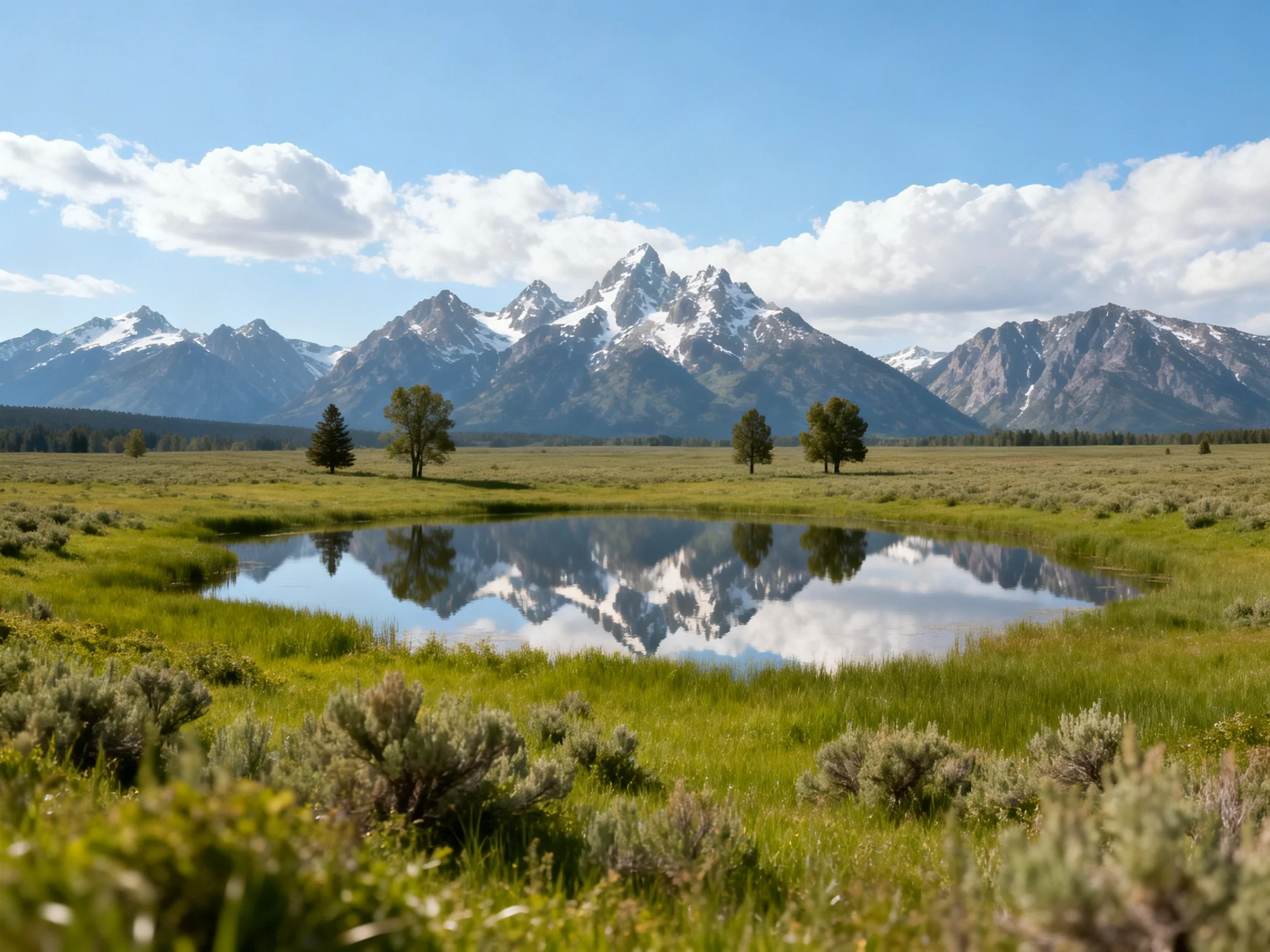 Snow-capped mountains reflected in a tranquil meadow pond