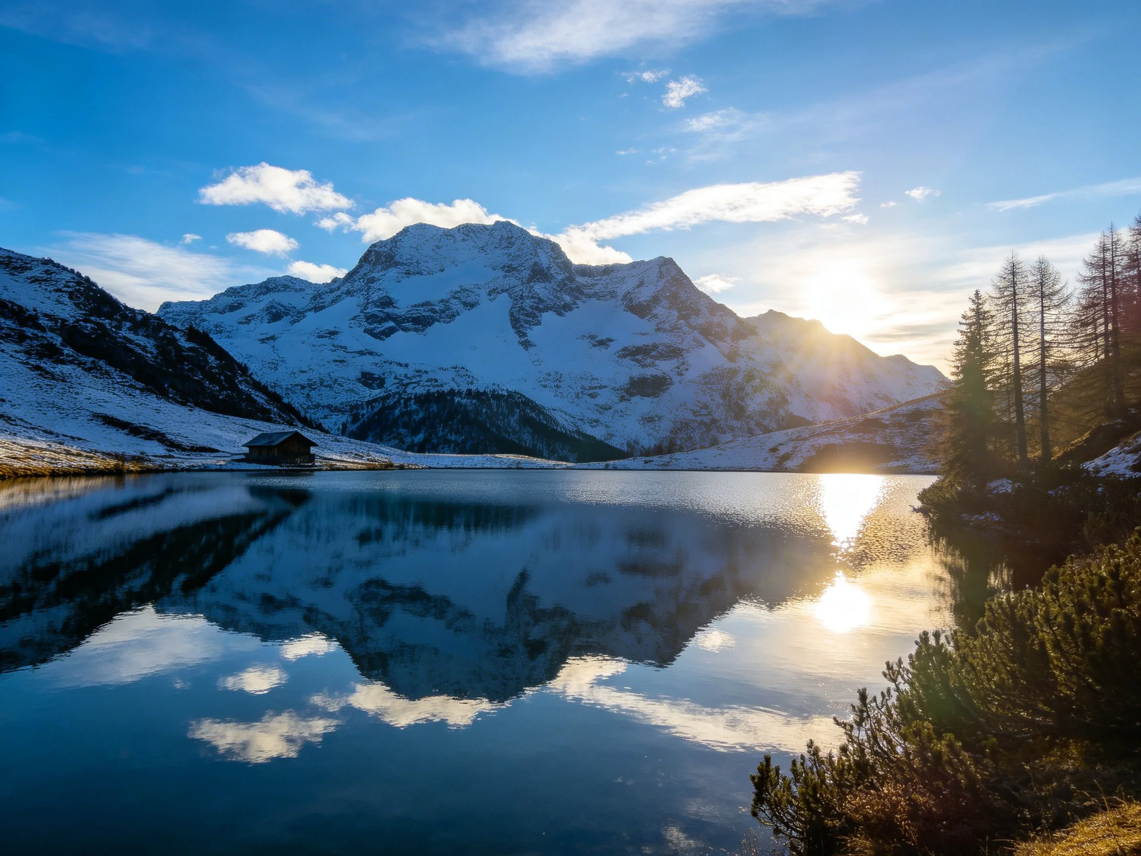 Snow - capped mountains reflected in an alpine lake with golden sunlight