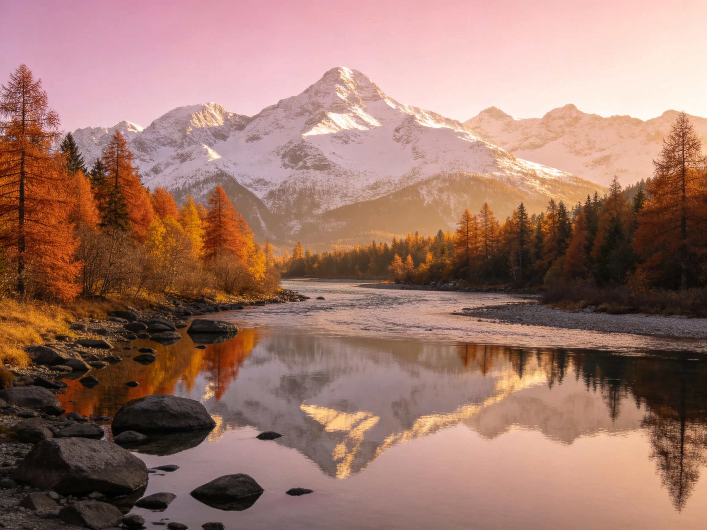 Snow-capped mountains reflected in an autumn river with golden foliage