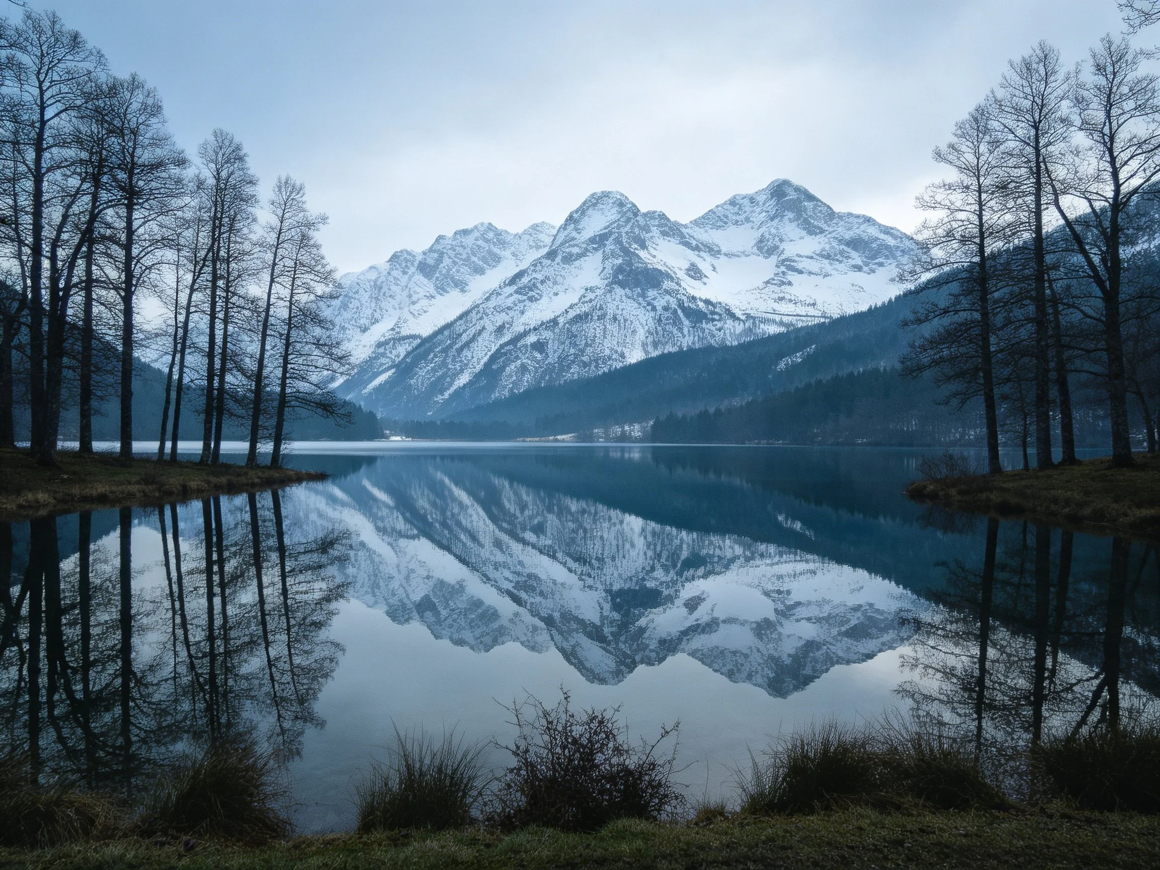 Snow-capped mountains reflected in calm blue lake with bare trees