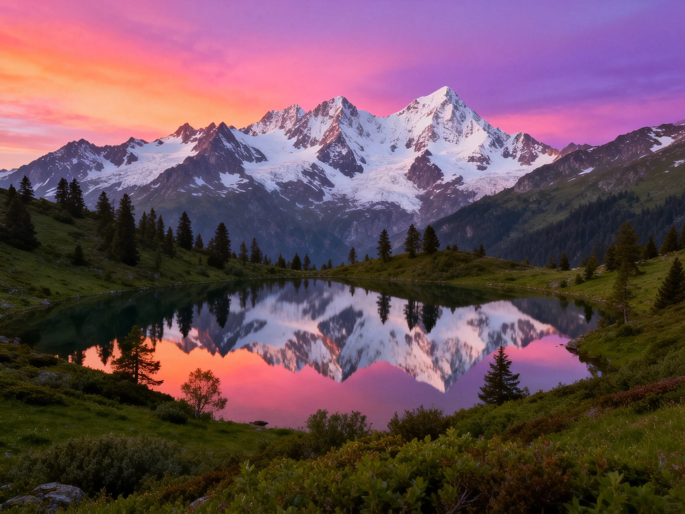 Snow-capped mountains reflected in colorful alpine lake