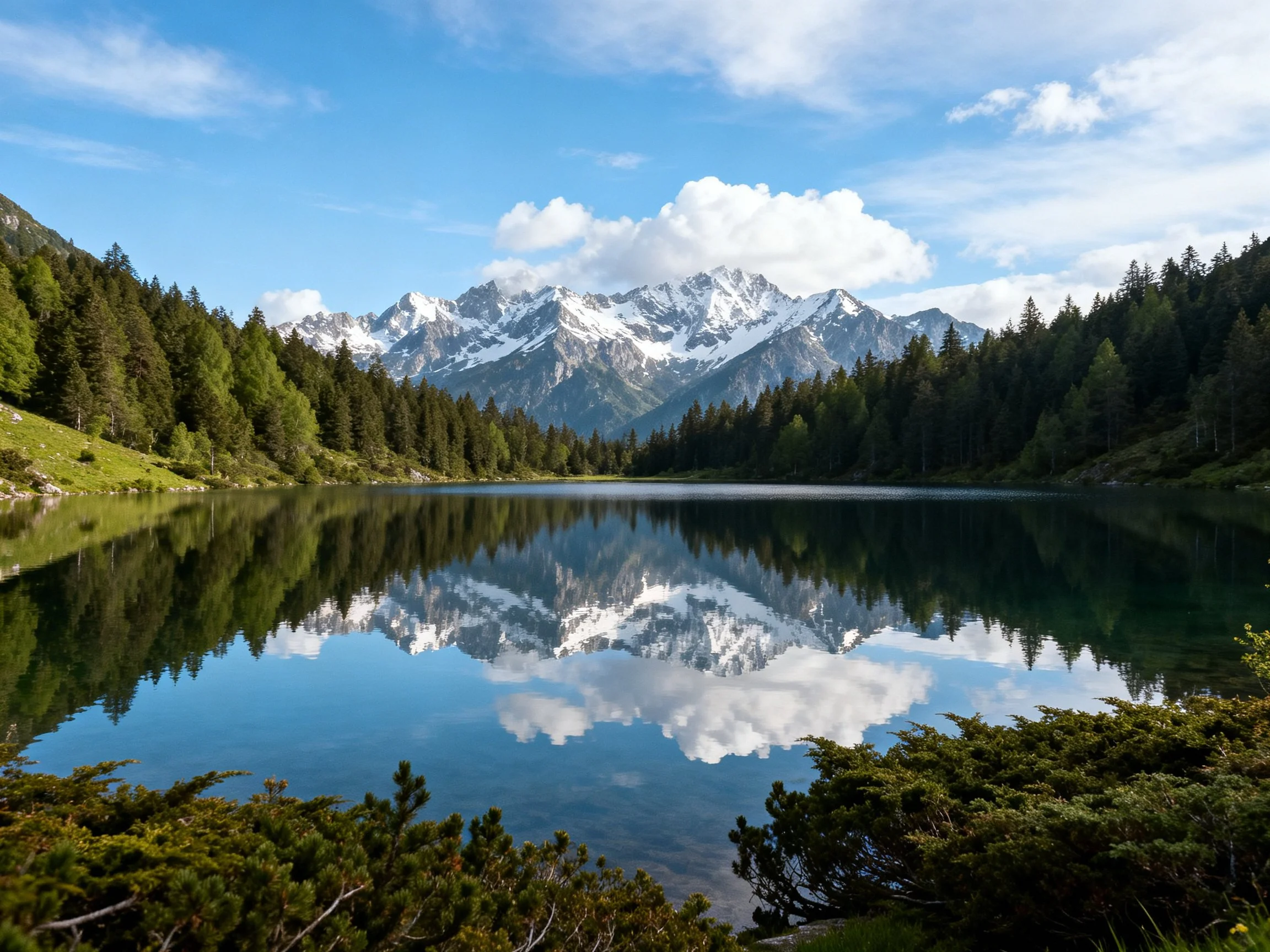 Snow-capped mountains reflected in crystal-clear alpine lake surrounded by dense forests
