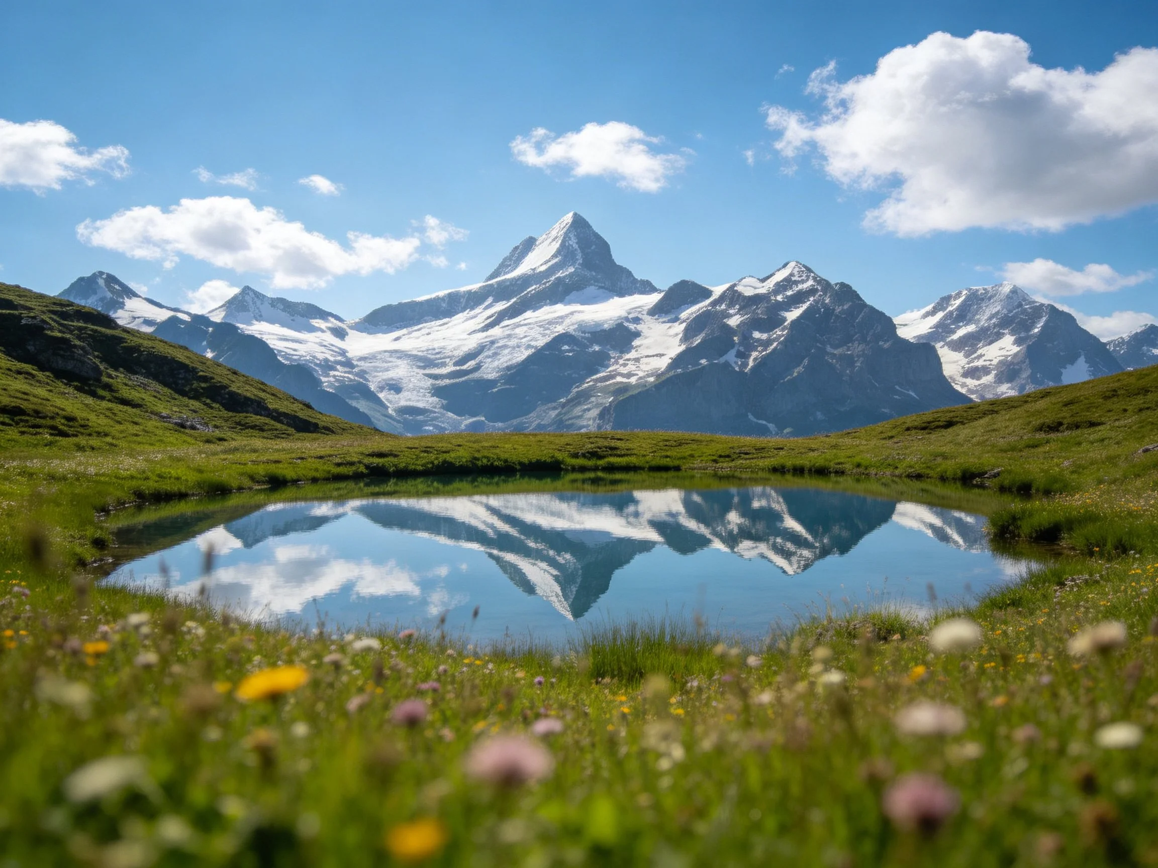 Snow-capped mountains reflected in tranquil alpine lake