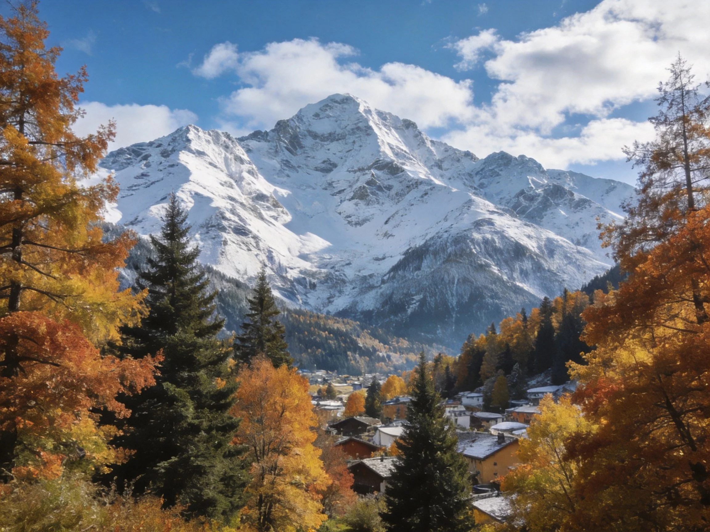 Snow-capped mountains rise above golden autumn forests and a mountain village