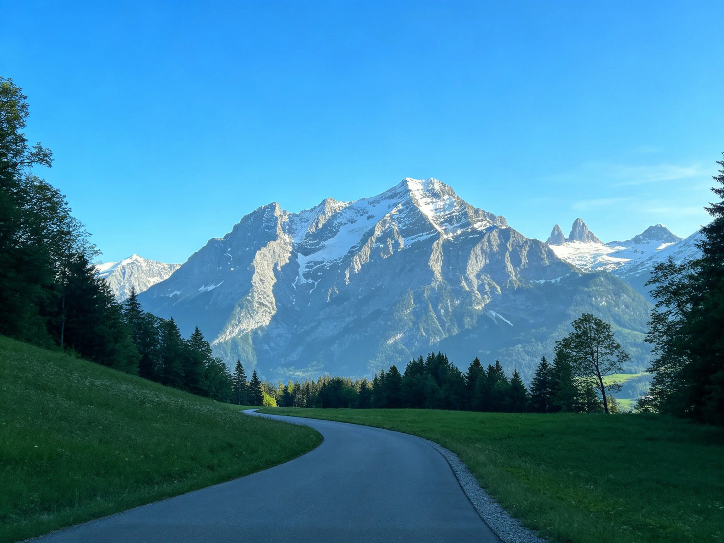 Snow-capped mountains rise behind a winding road through lush green fields