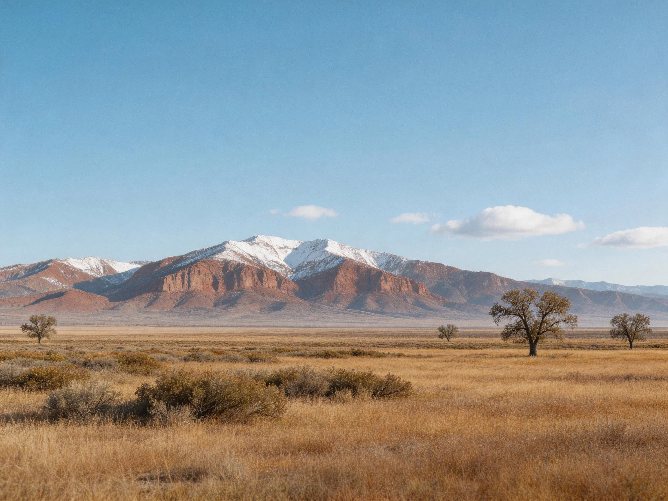 Snow-capped mountains rise behind an open golden plain with scattered trees
