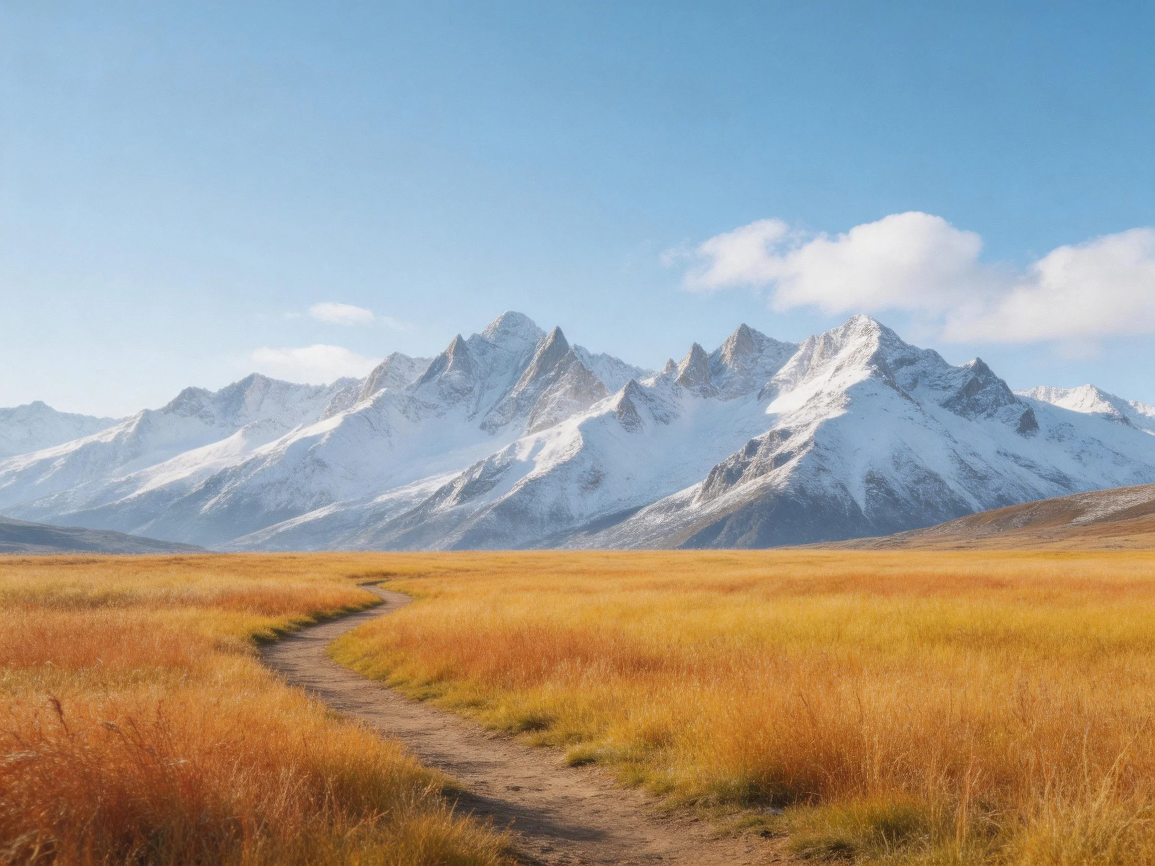 Snow-capped mountains rise behind golden grasslands with winding dirt paths