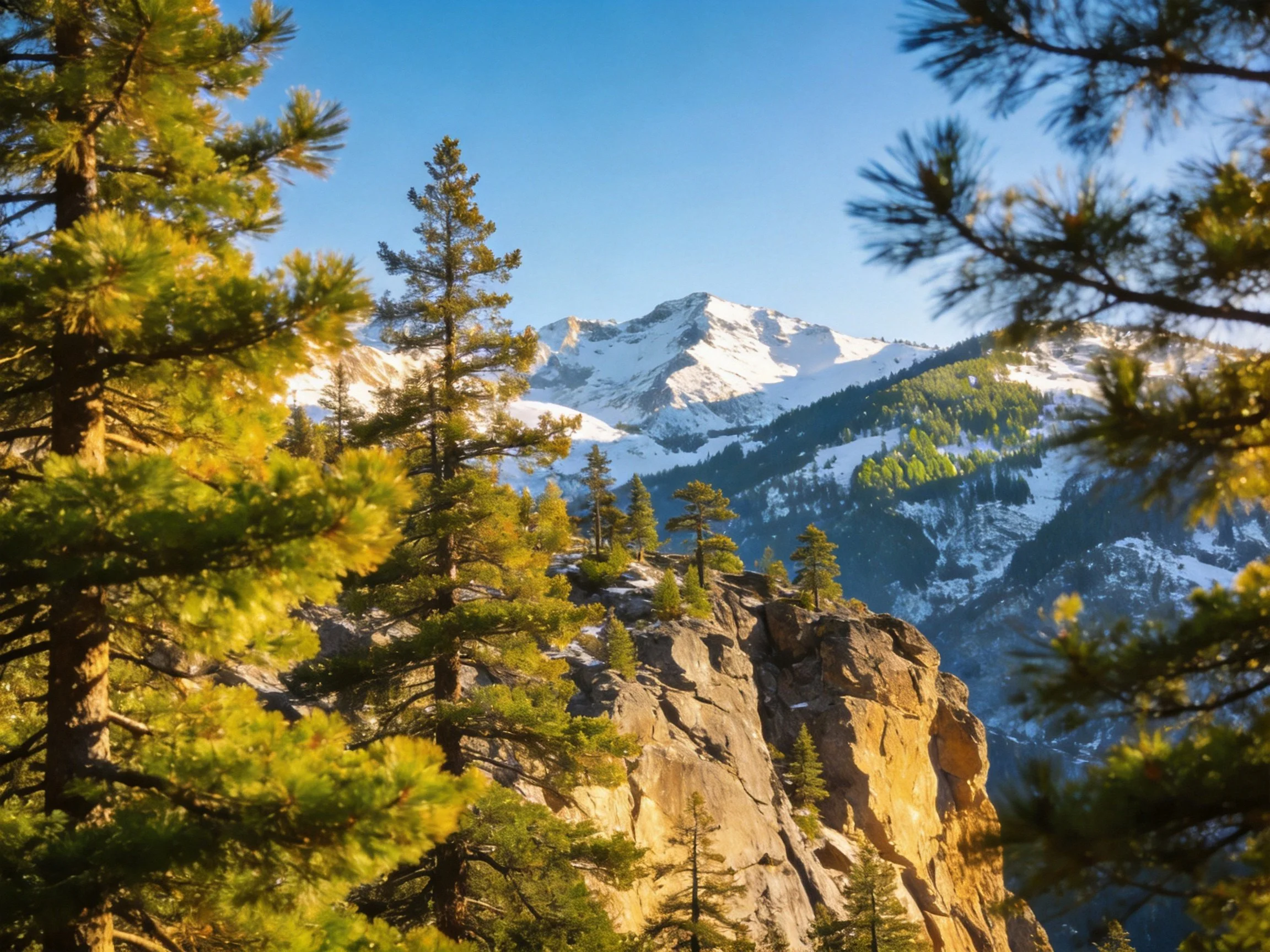 Snow-capped mountains rise behind golden rocky cliffs and evergreen forests