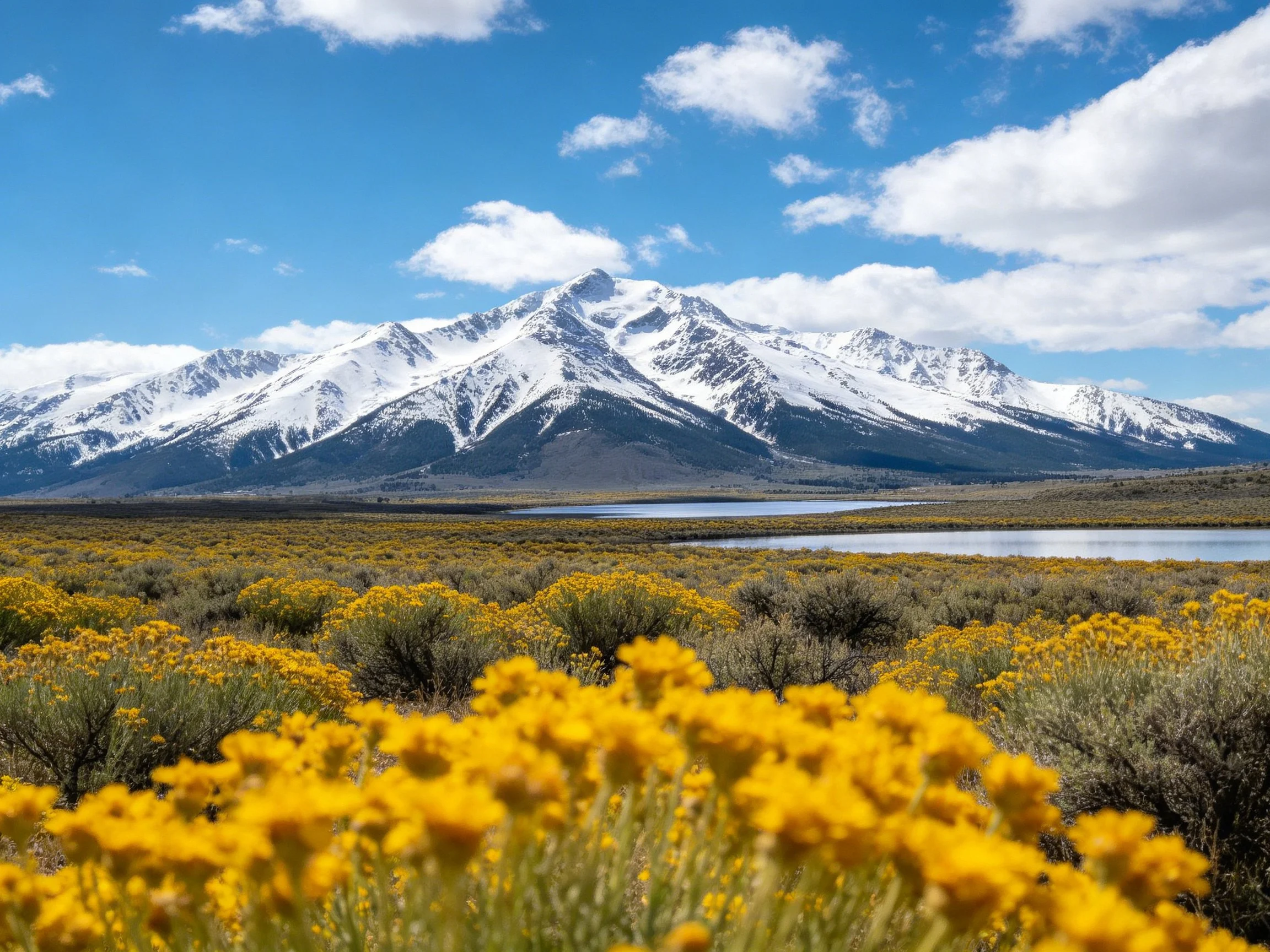 Snow - capped mountains rise behind golden wildflowers and a serene lake