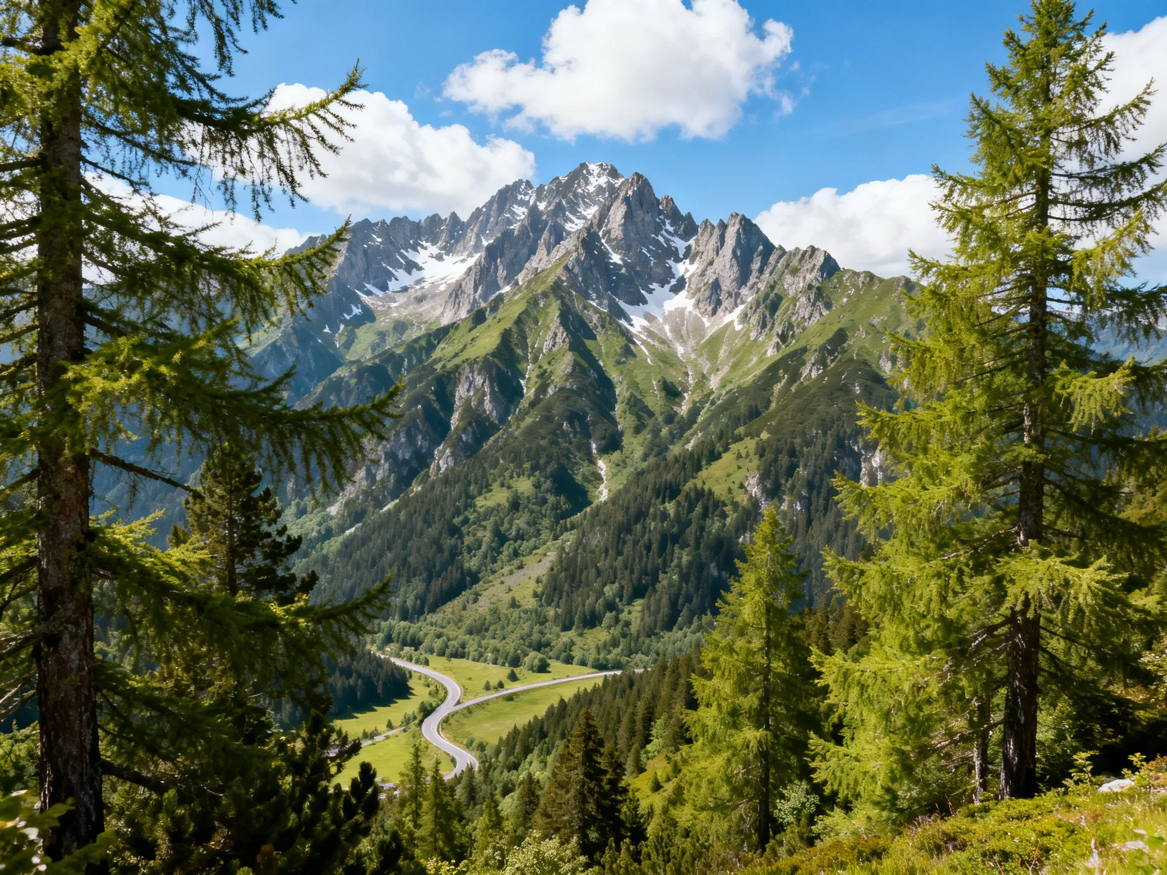 Snow-capped mountains rise behind lush forests and a winding road