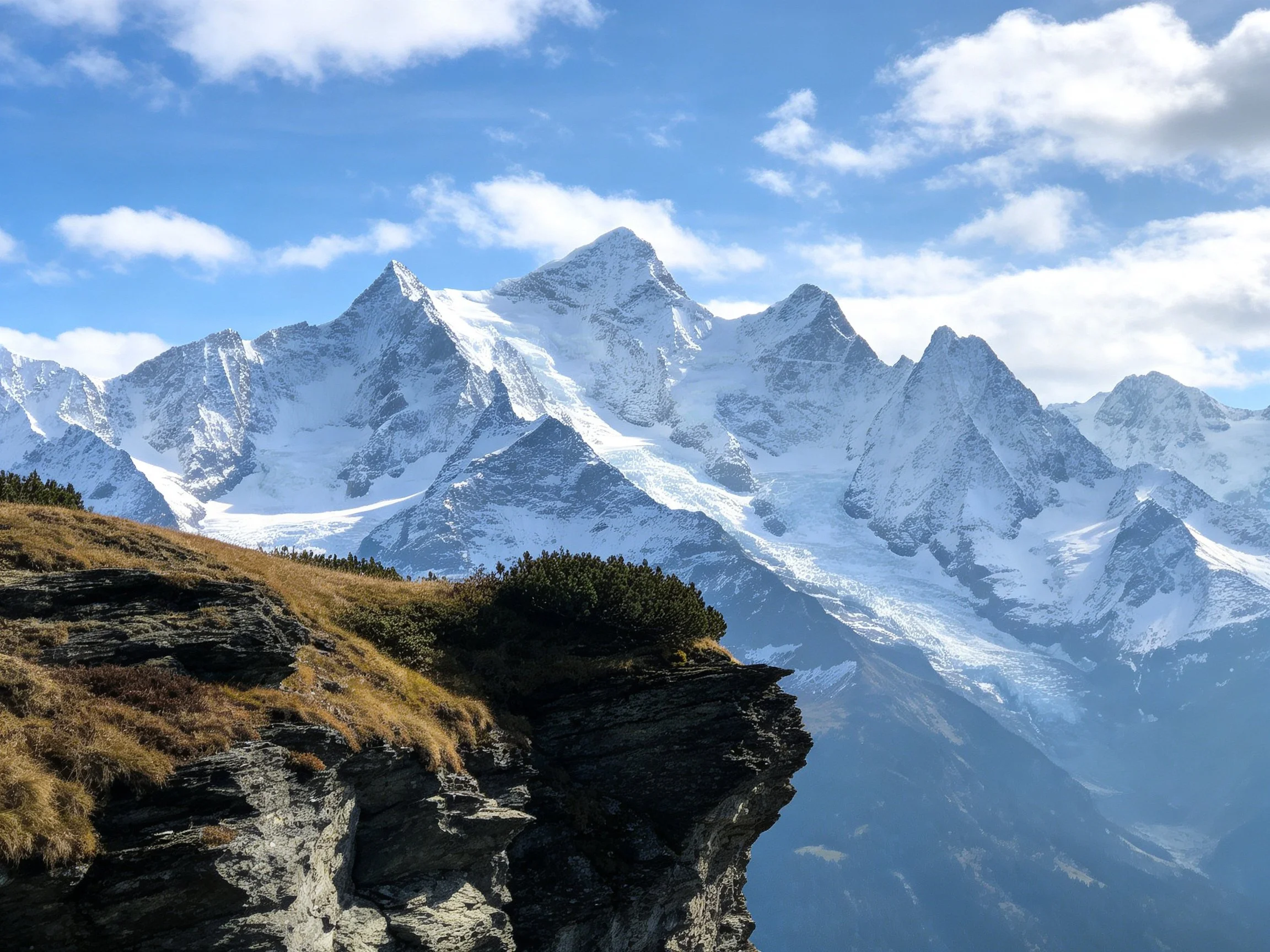Snow - capped mountains rise behind rocky cliffside with alpine vegetation