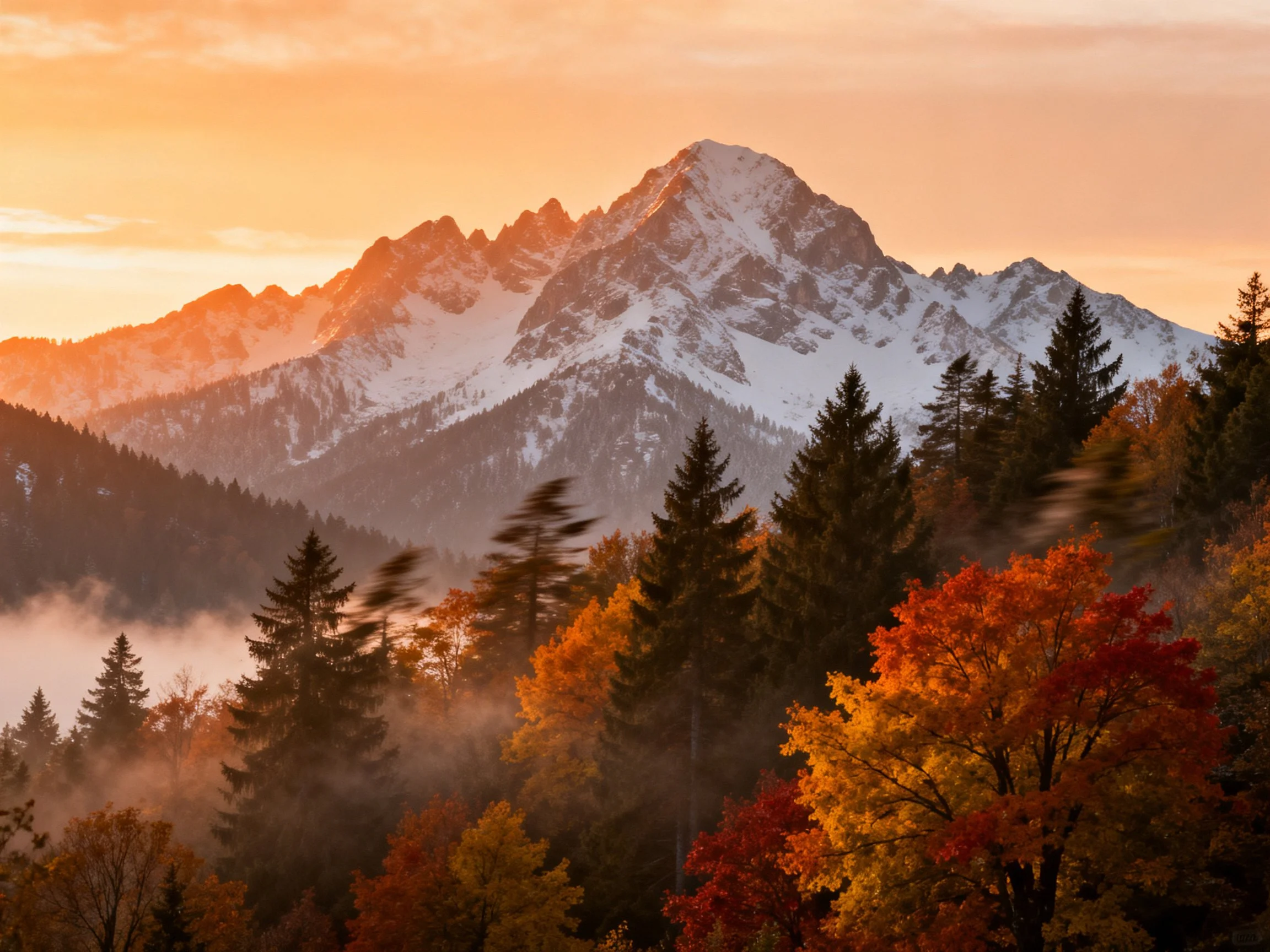 Snow-capped mountains rise behind vibrant autumn forests at dawn