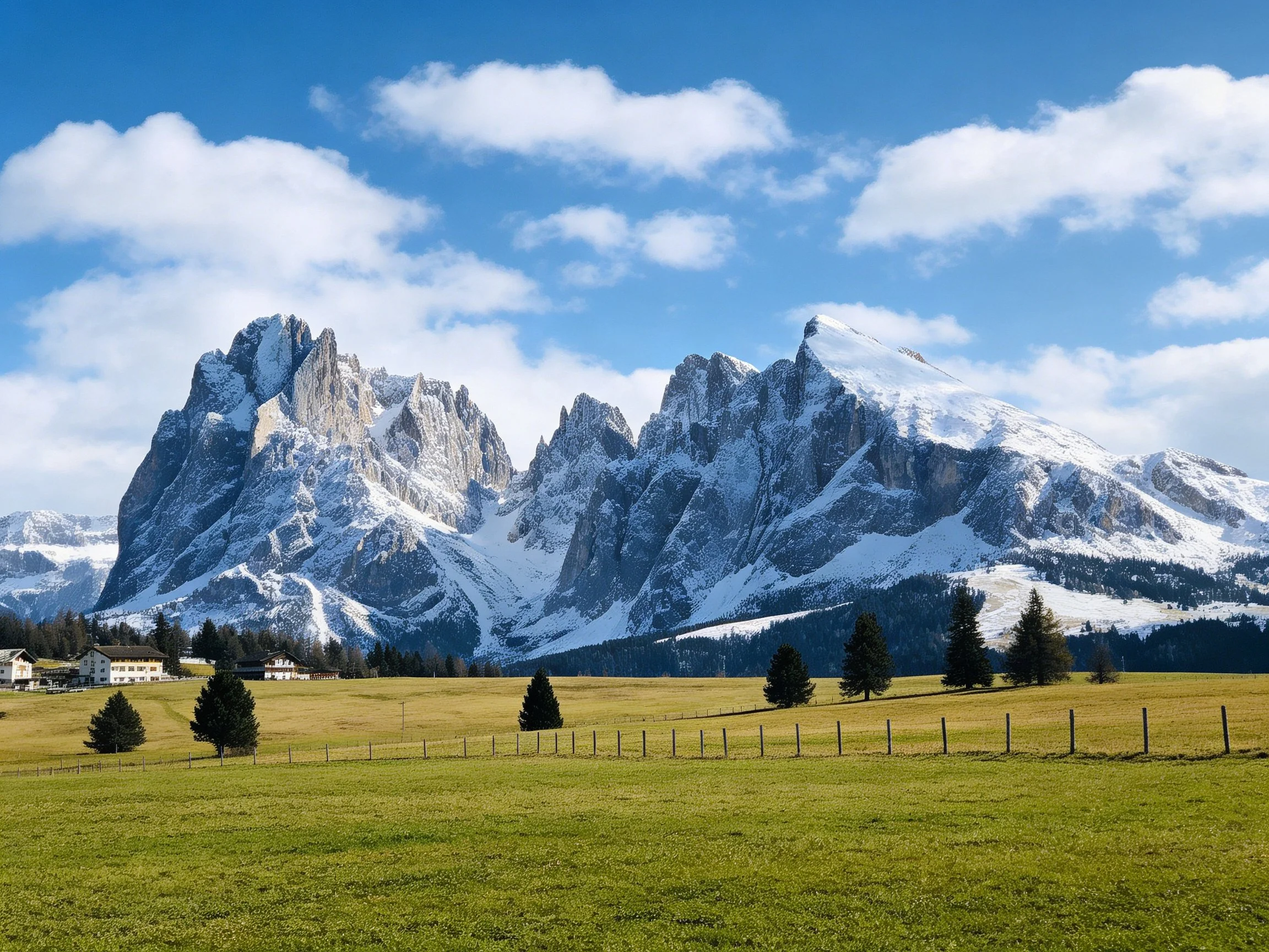Snow-capped mountains rise over lush green meadows and scattered trees