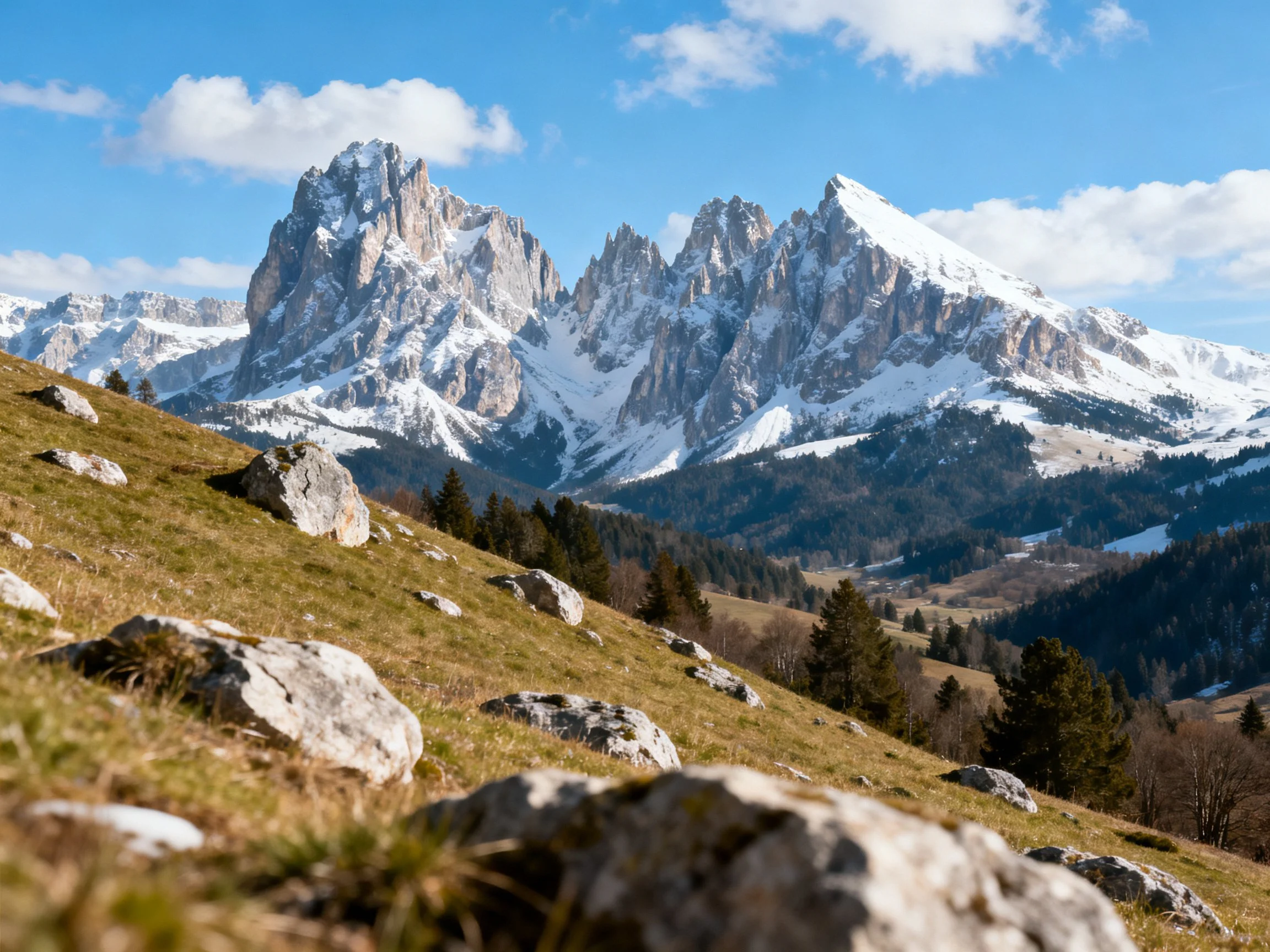 Snow-capped mountains rise over rocky meadows and forested valleys.