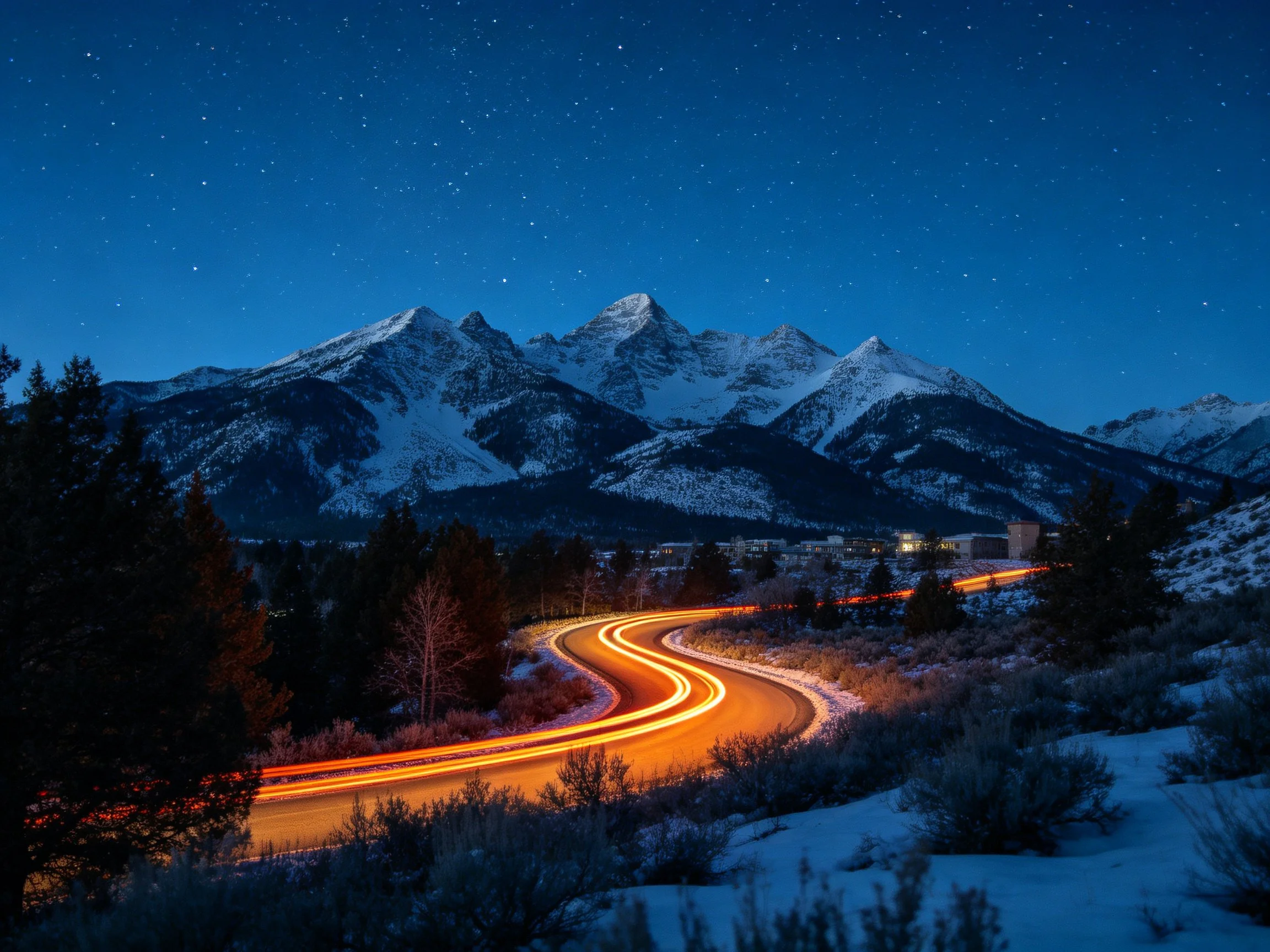 Snow - capped mountains, starry night, glowing road curves