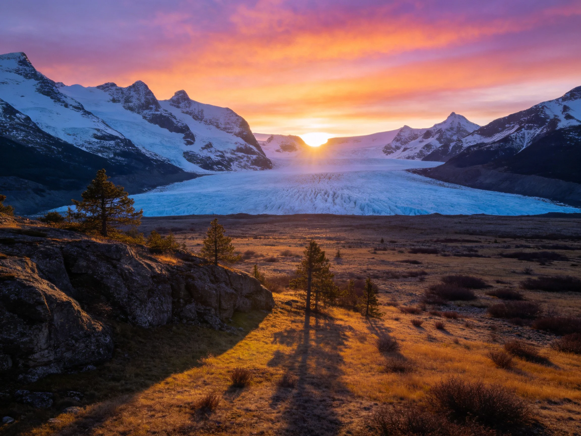 Snow-capped mountains surround a blue glacier under colorful sunset skies