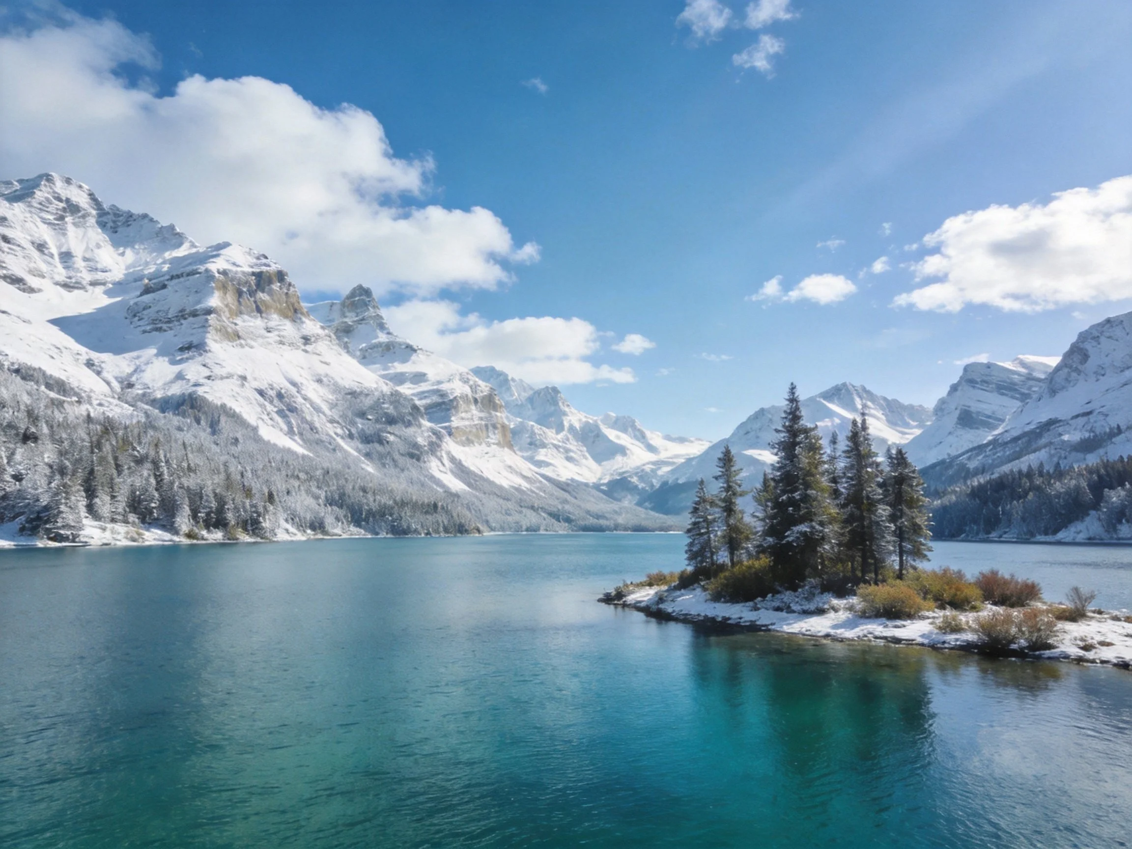 Snow-capped mountains surround a turquoise lake with a forested island