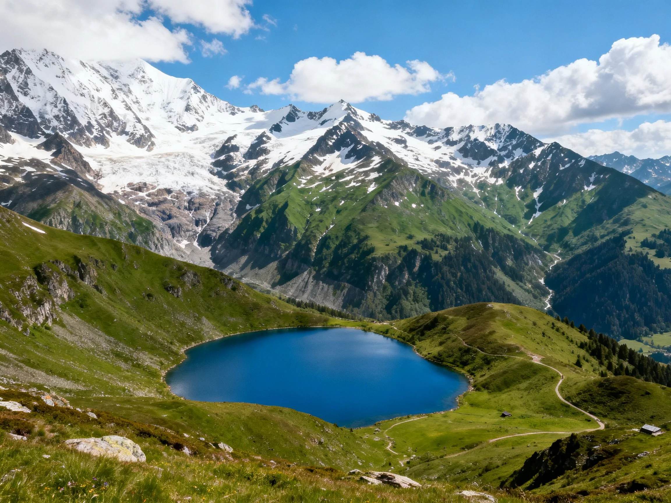 Snow-capped mountains surround a vibrant alpine lake with green valleys