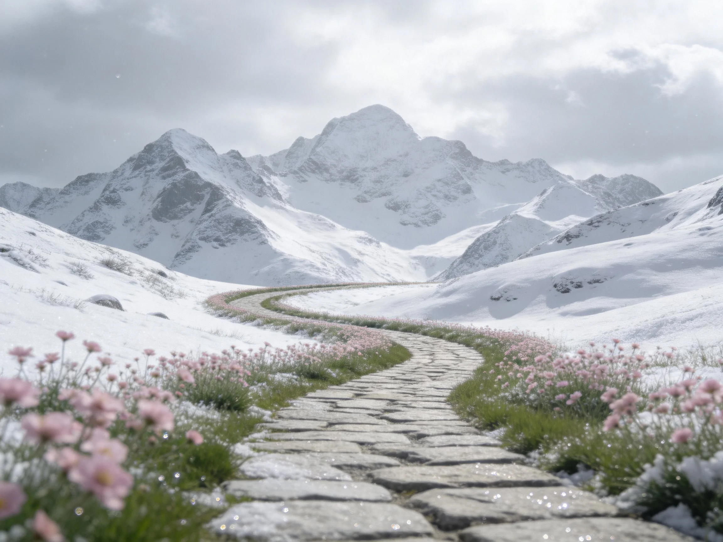 Snow-capped mountains surround a winding stone path with pink wildflowers