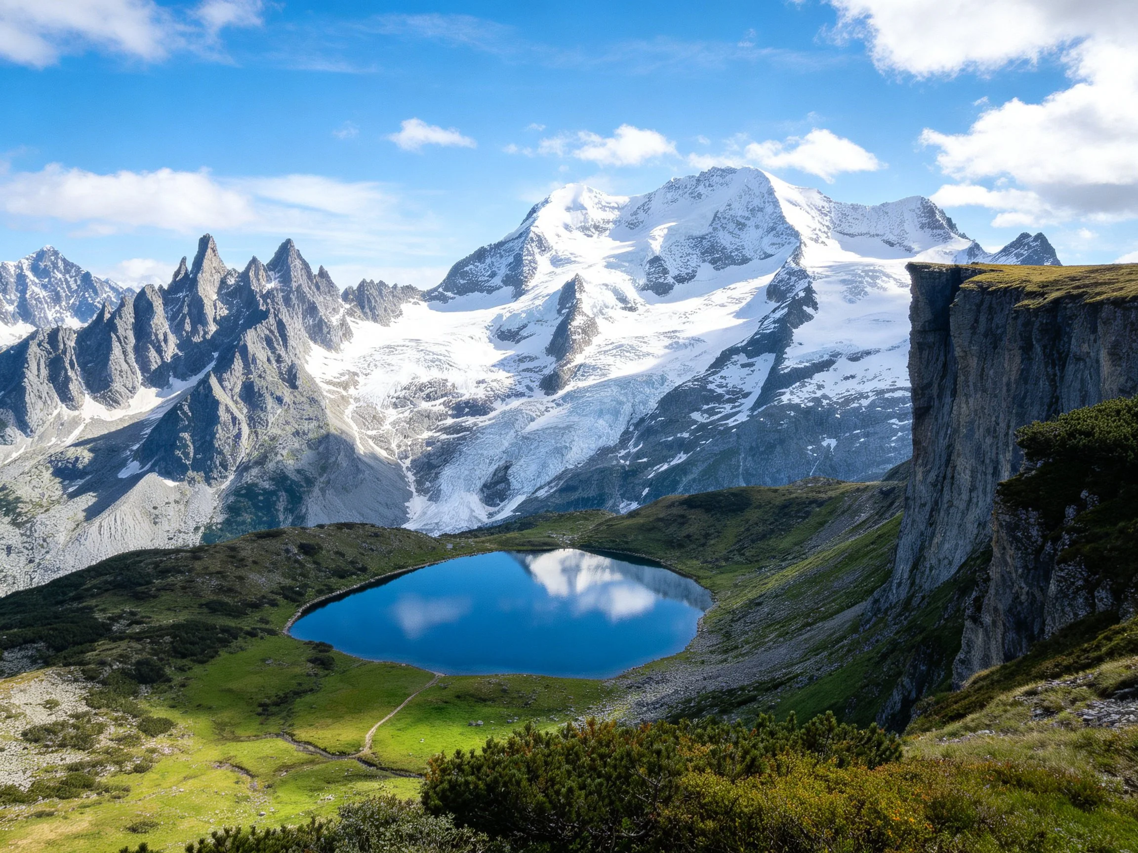Snow-capped mountains tower over a crystal-clear alpine lake with lush green surroundings
