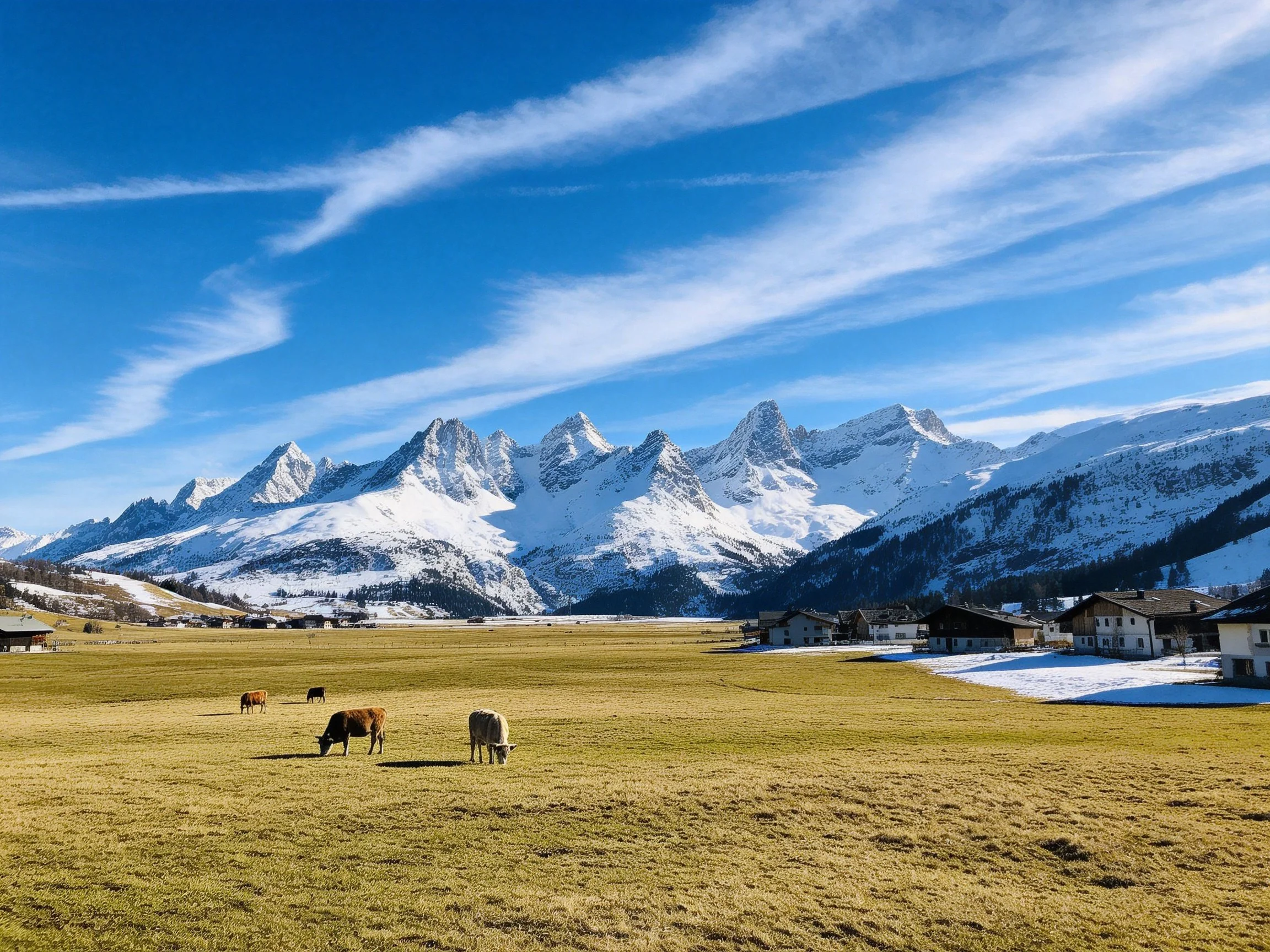 Snow-capped mountains tower over a grassy meadow with grazing cattle