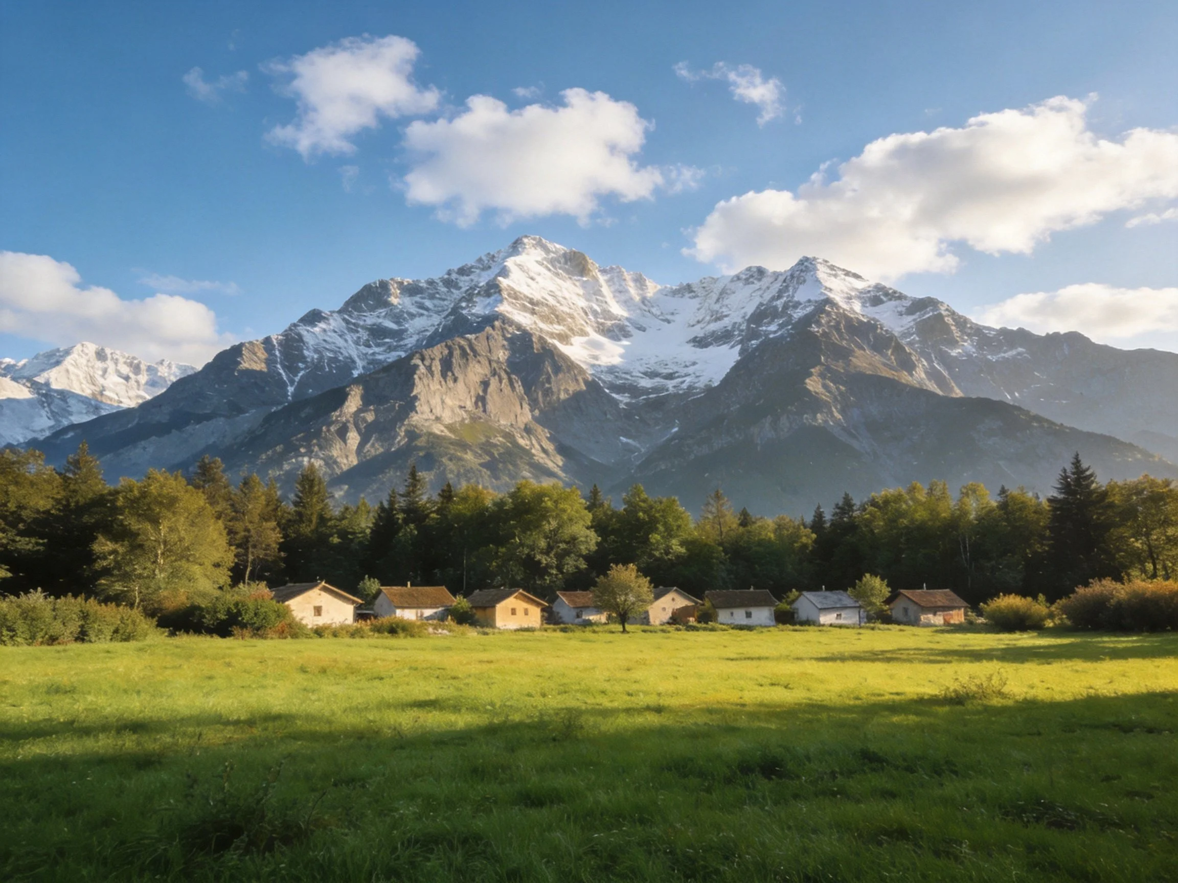 Snow-capped mountains tower over a green meadow with wooden cottages