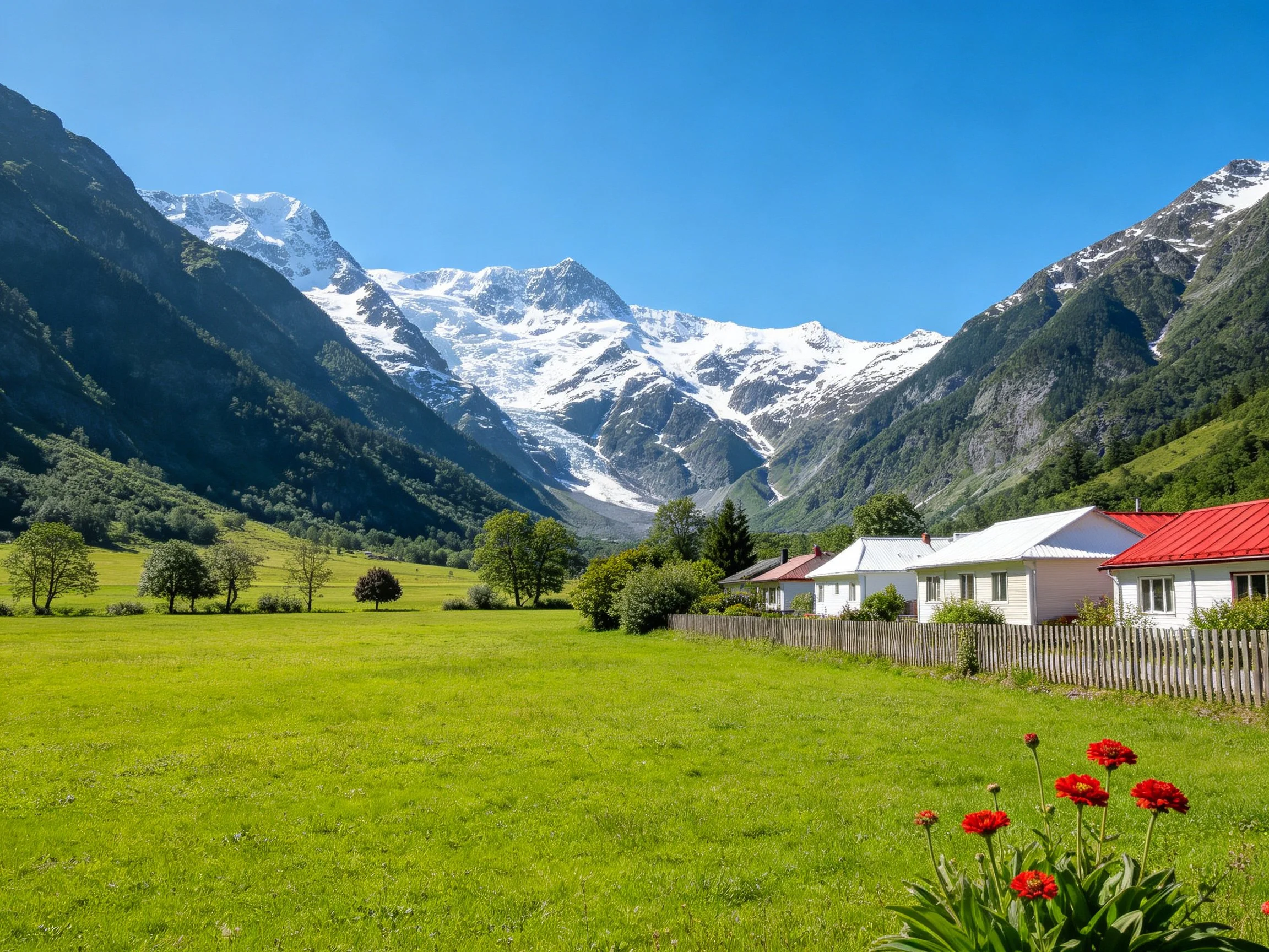 Snow-capped mountains tower over a lush green valley with white houses