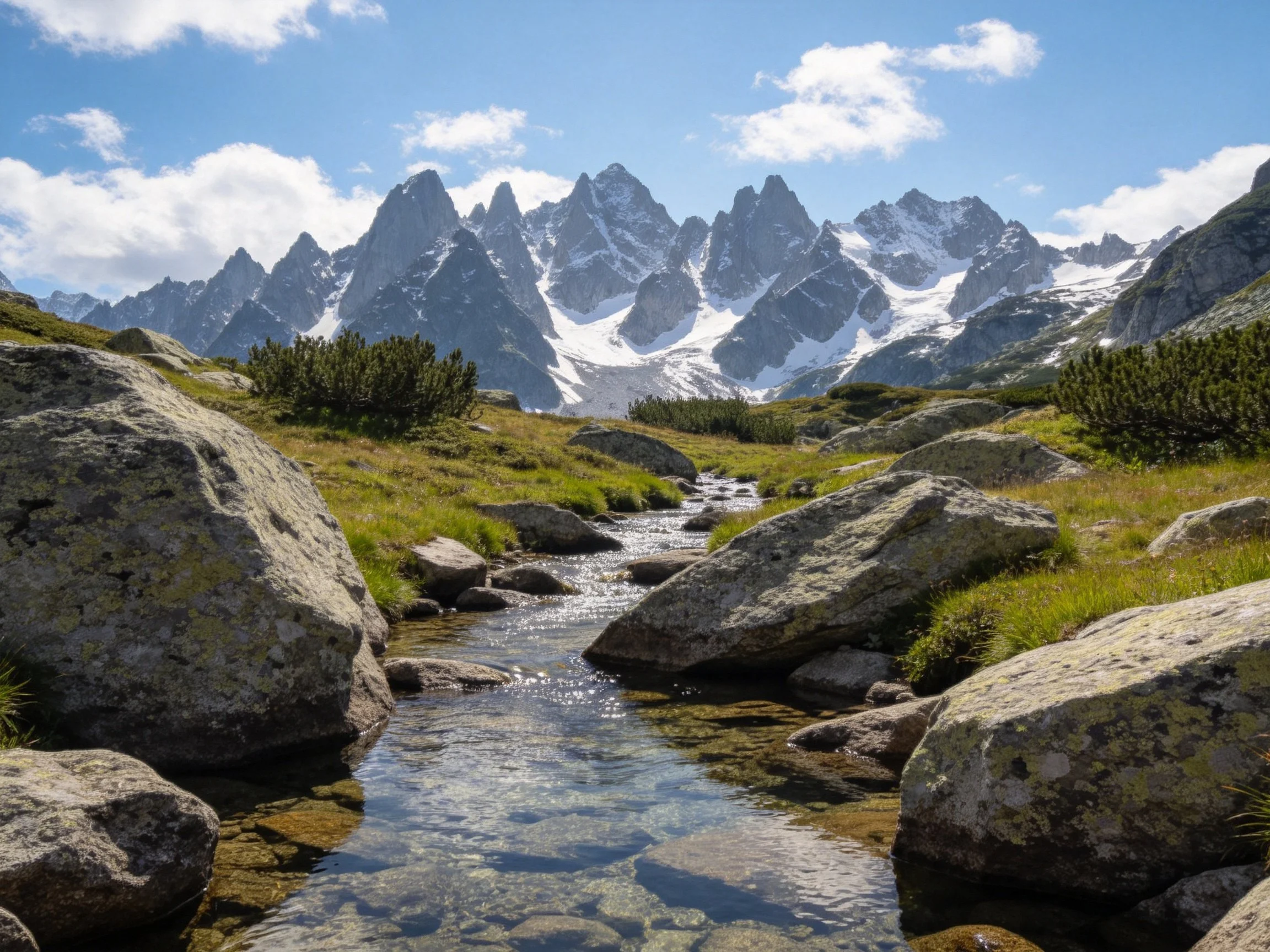 Snow-capped mountains tower over a rocky stream with clear water