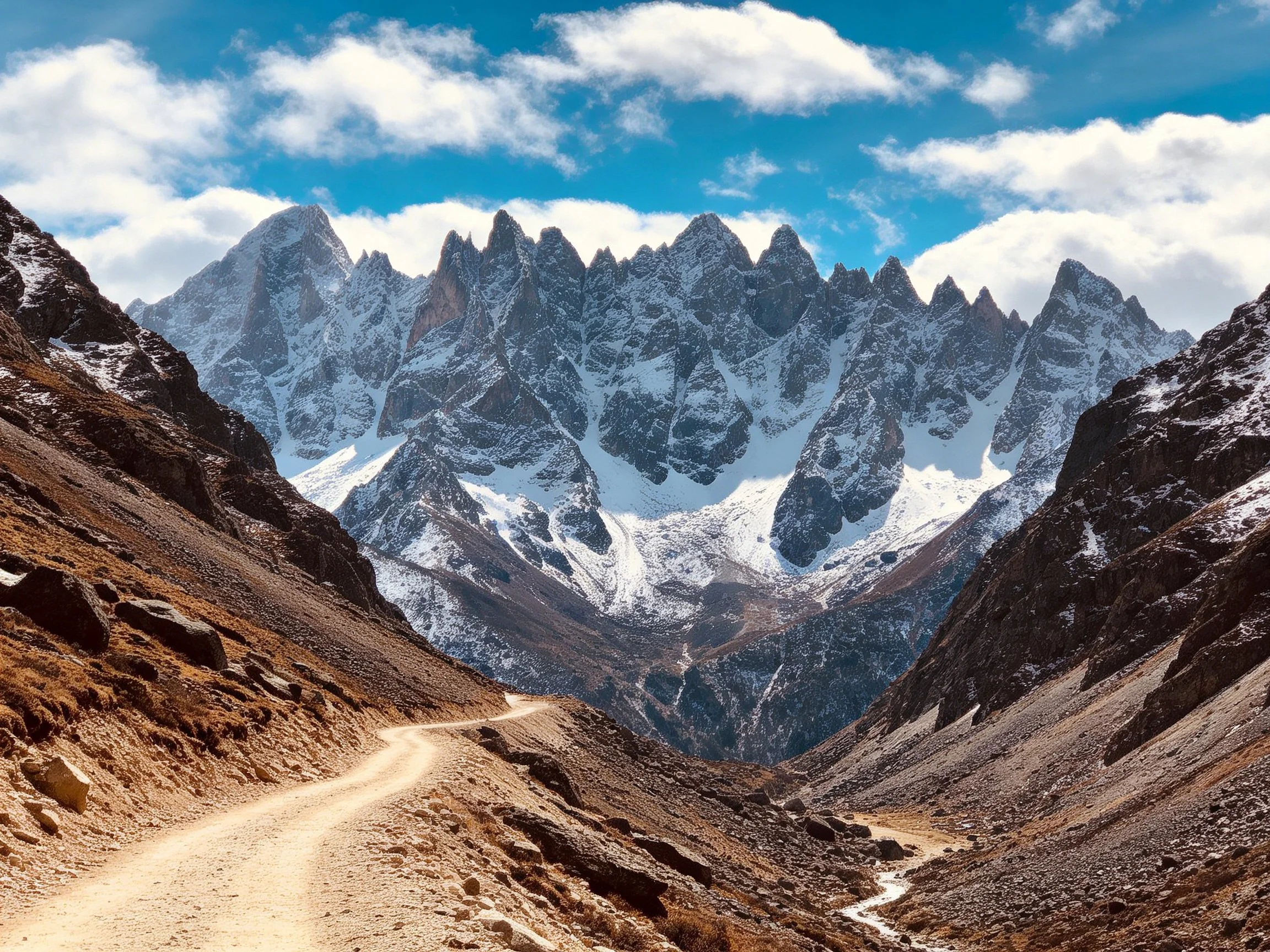 Snow - capped mountains tower over a rugged valley with a winding dirt path