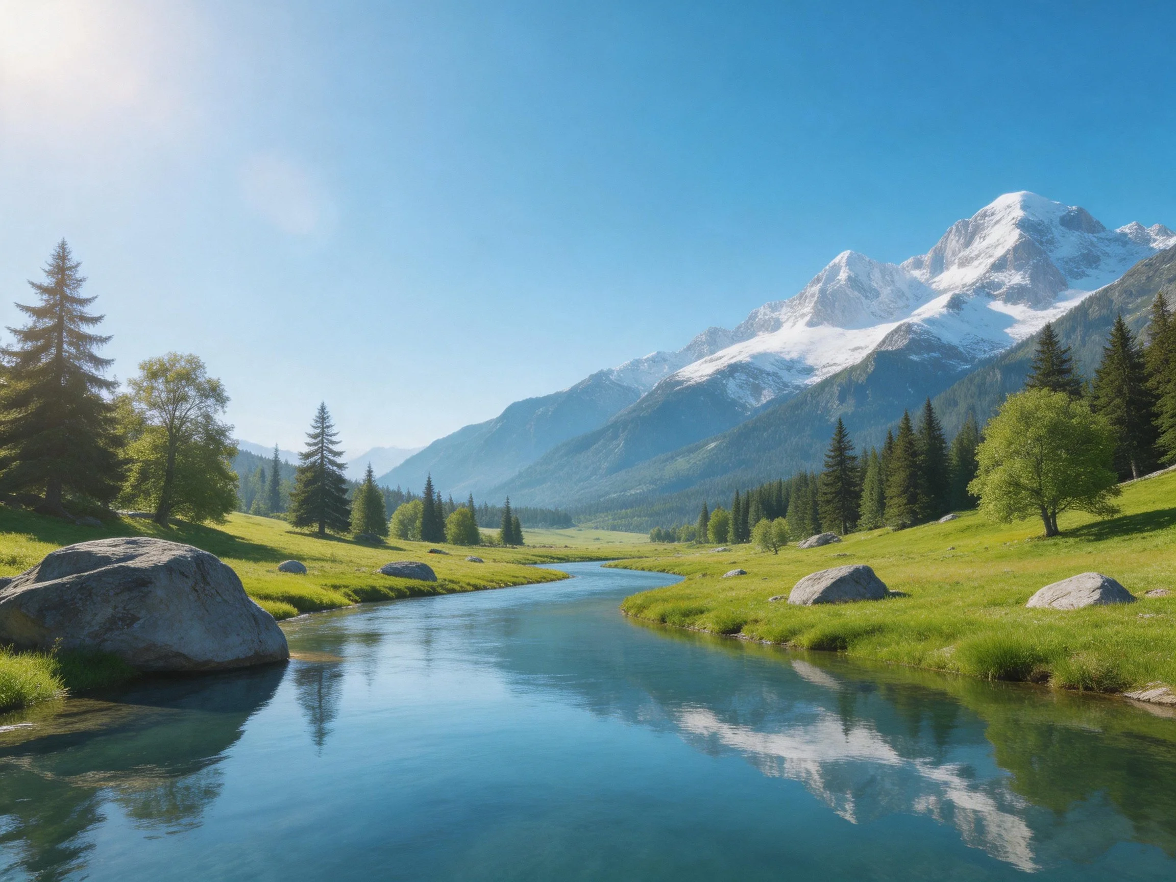 Snow-capped mountains tower over a serene river with lush green meadows.