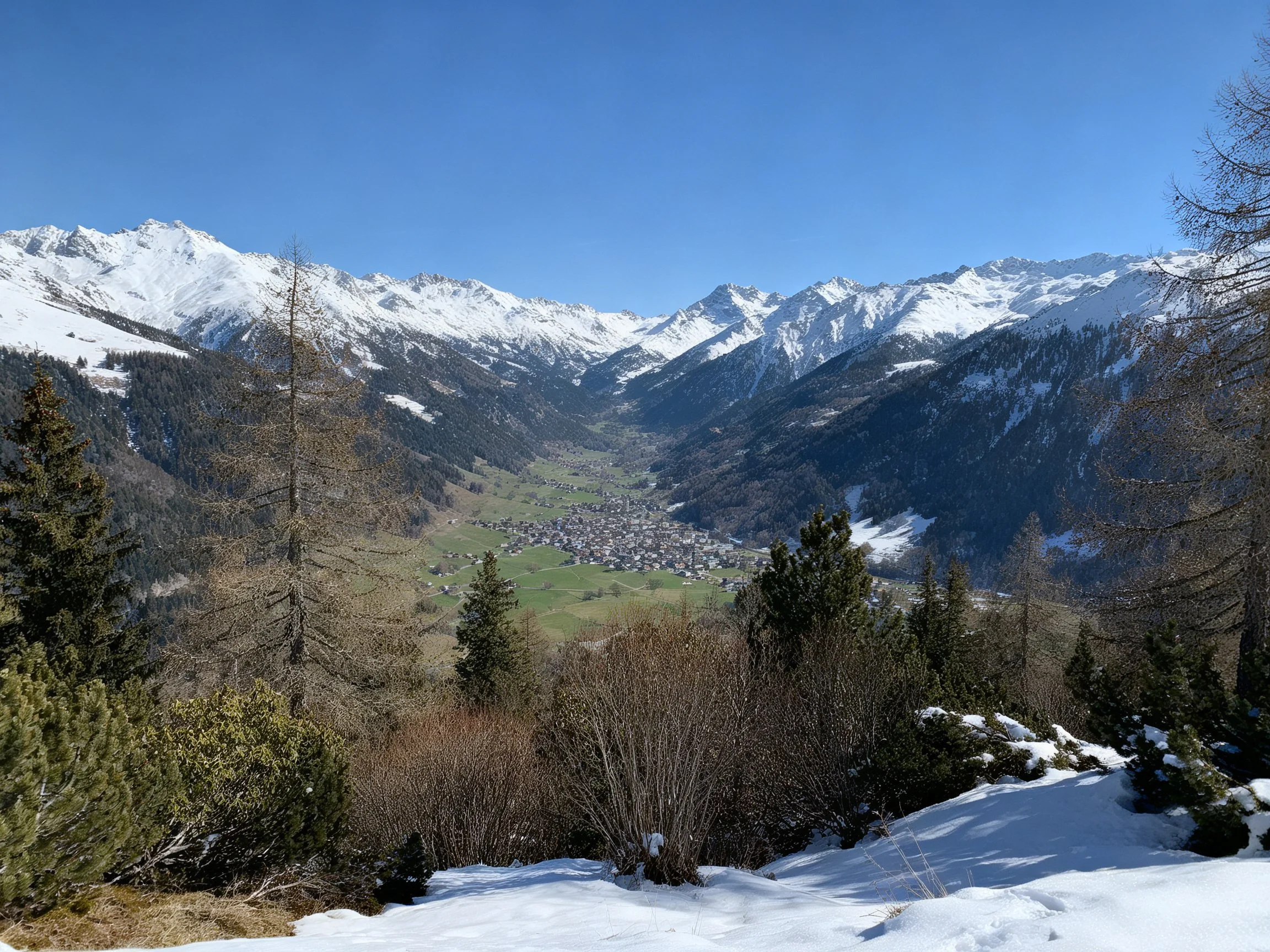 Snow - capped mountains tower over a valley town amidst forested slopes