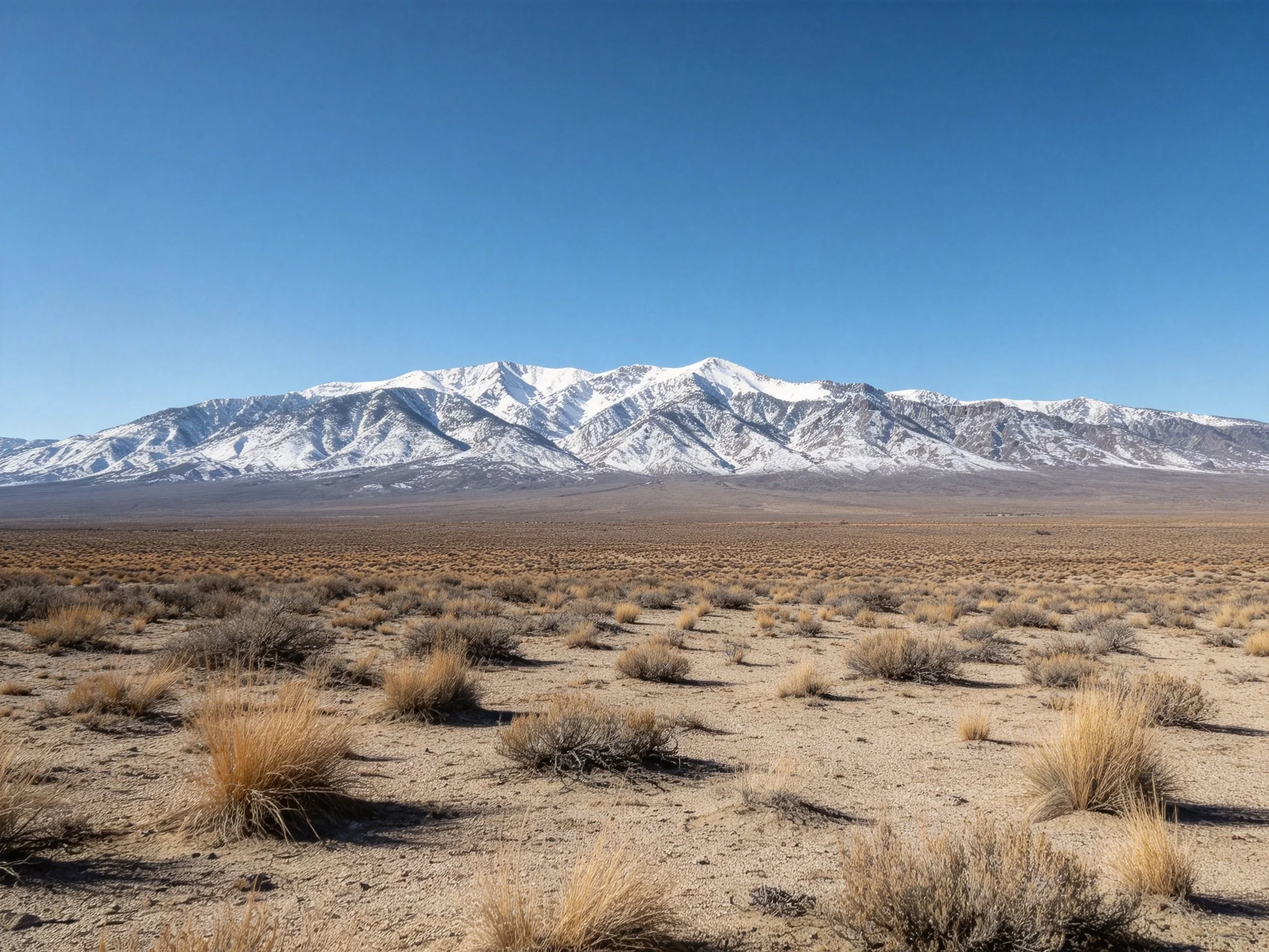 Snow-capped mountains tower over a vast arid desert plain with sparse shrubs