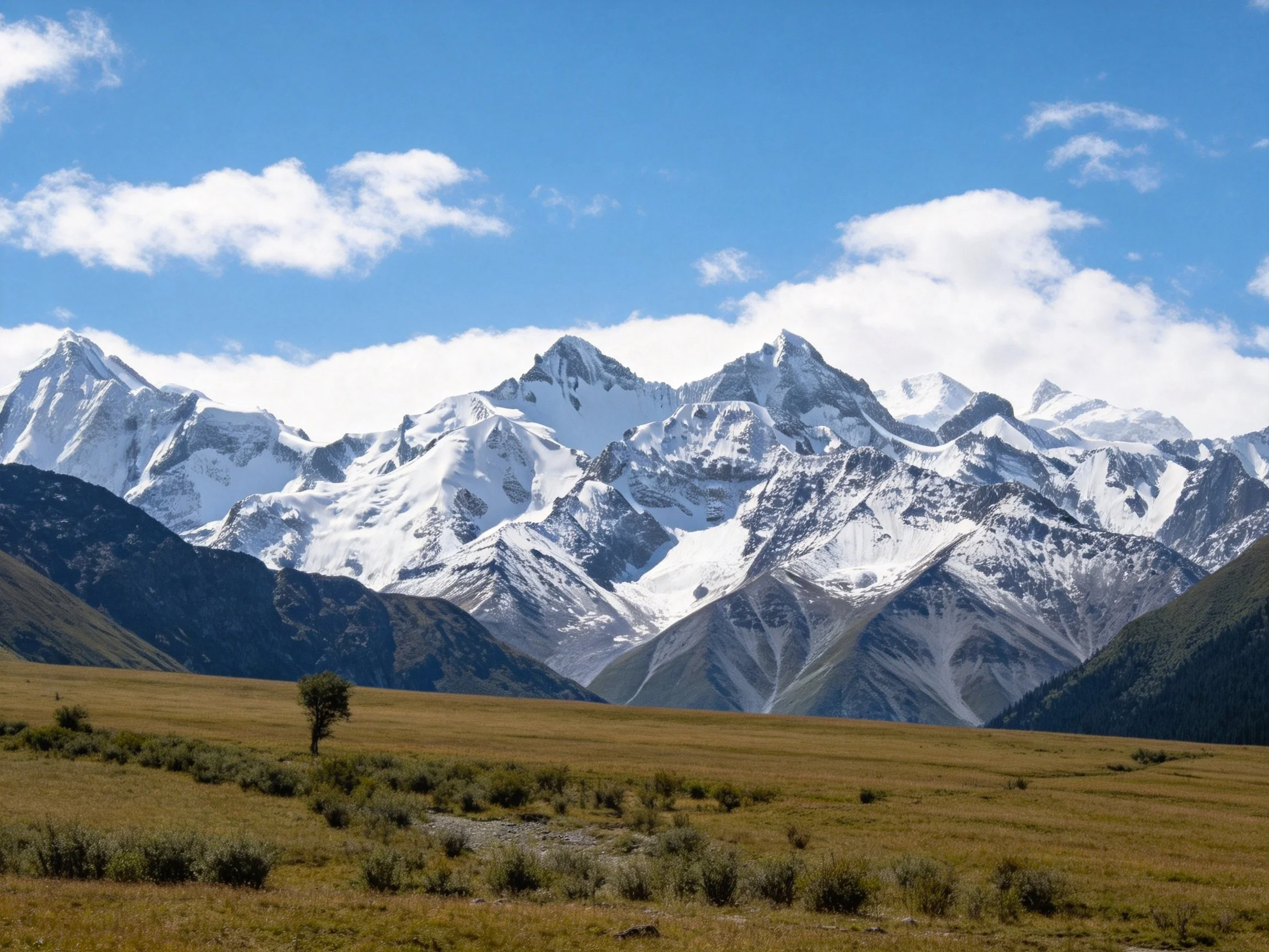Snow - capped mountains tower over a vast open plain with scattered vegetation