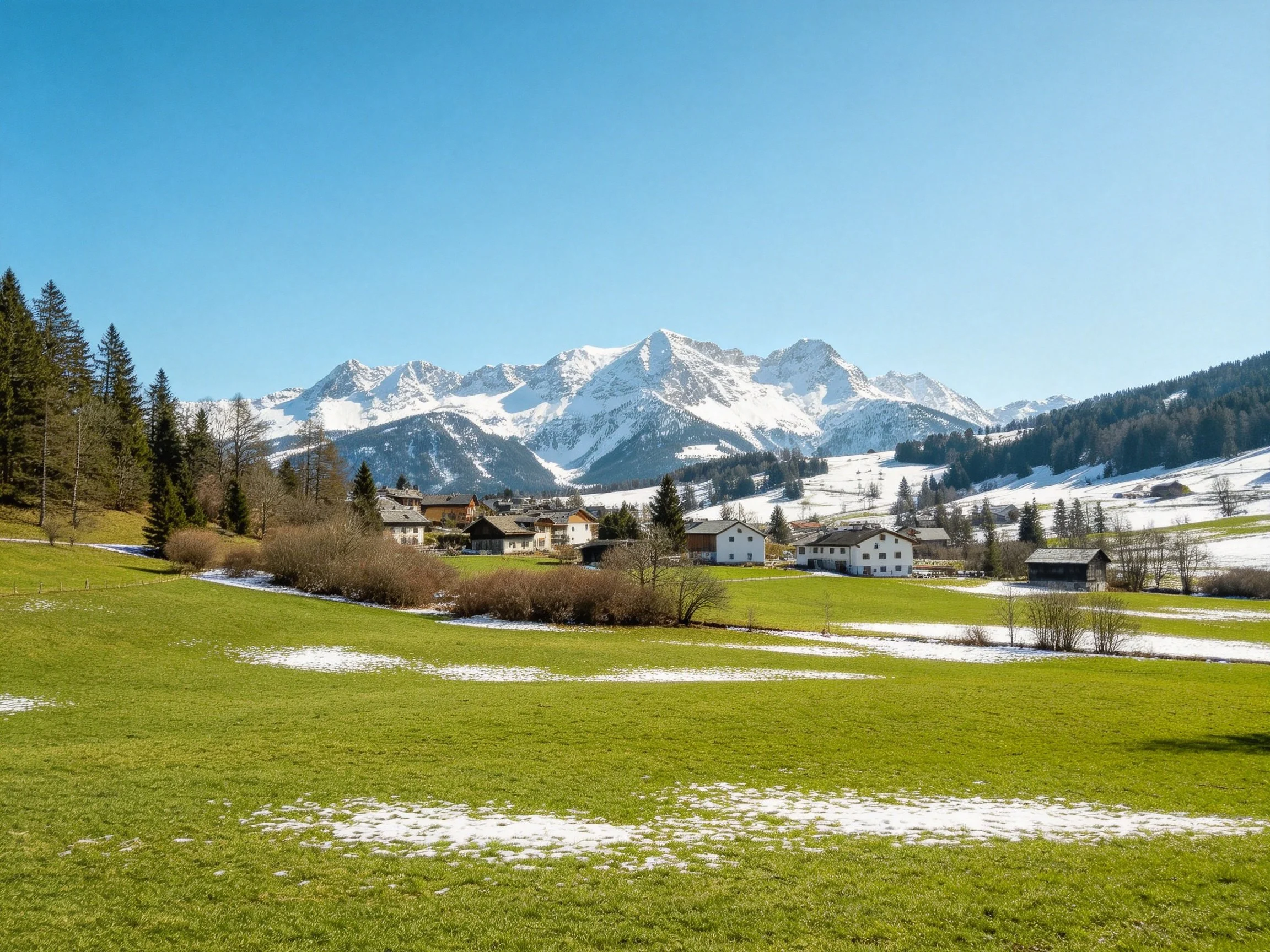 Snow-capped mountains tower over a village with green meadows and patches of snow