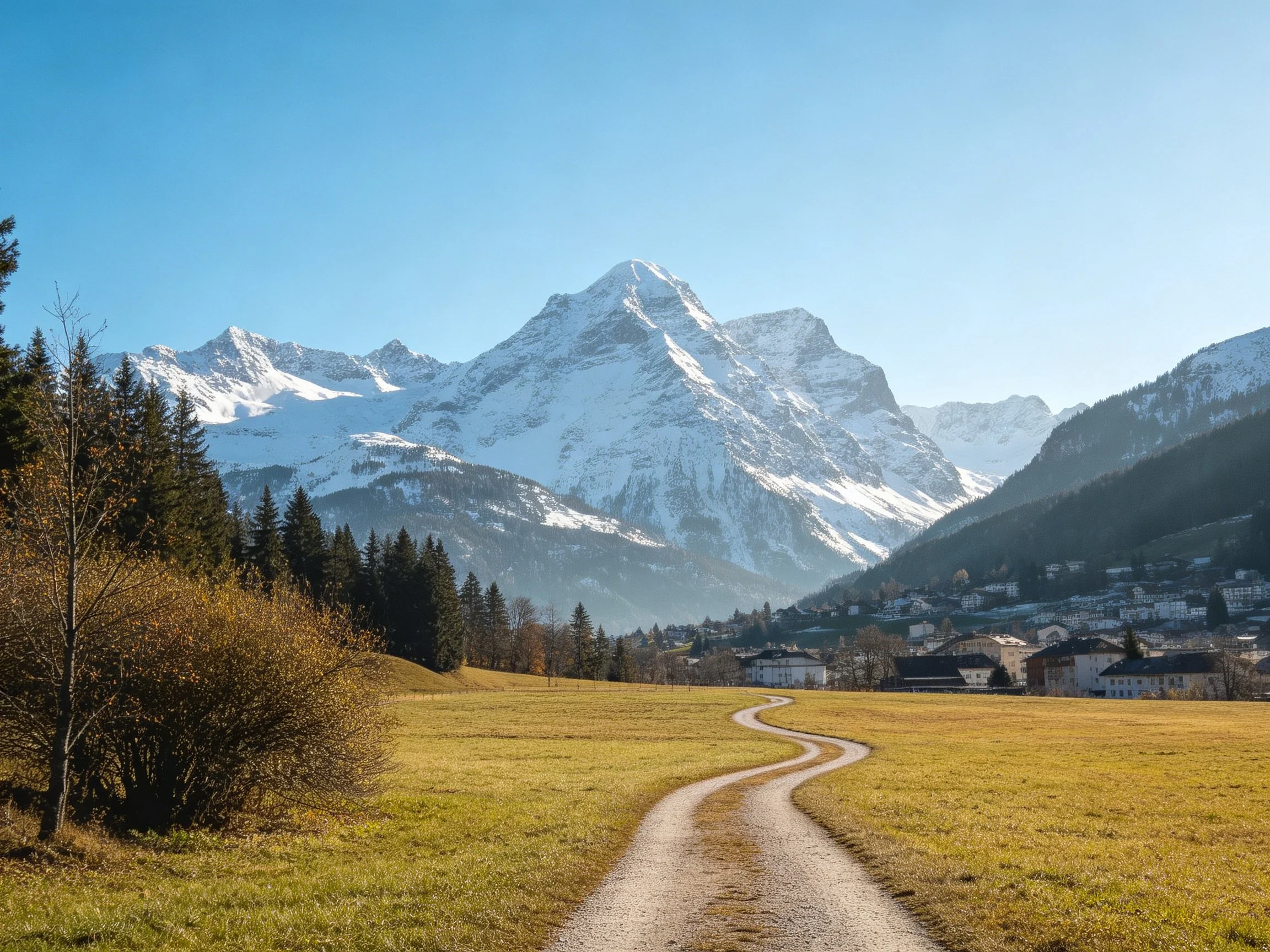 Snow-capped mountains tower over a winding dirt path near a village