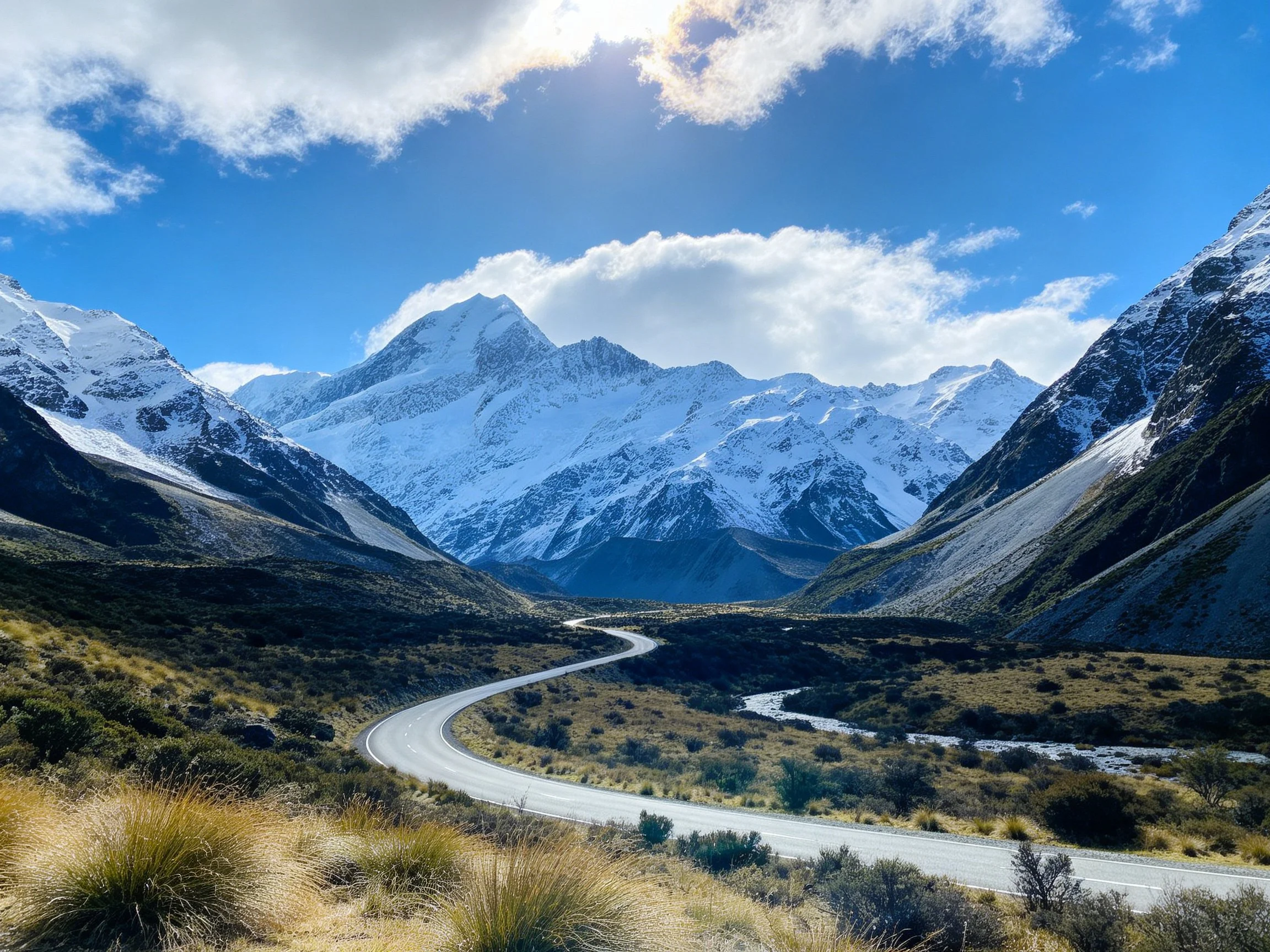 Snow-capped mountains tower over a winding valley road with golden grasslands