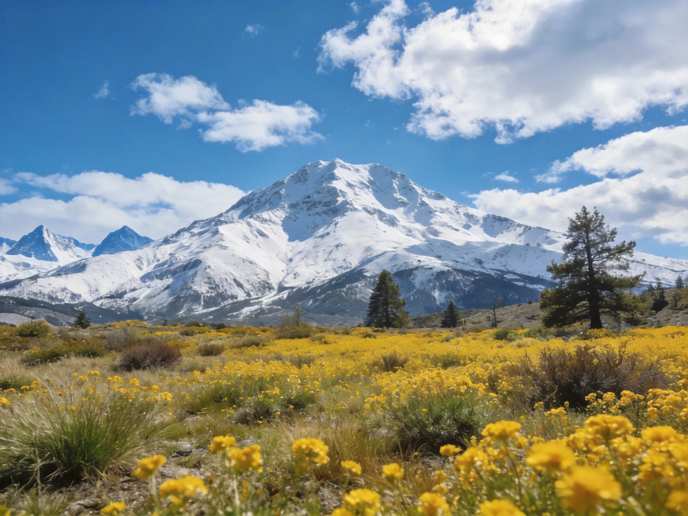 Snow - capped mountains tower over golden wildflower meadows with scattered trees