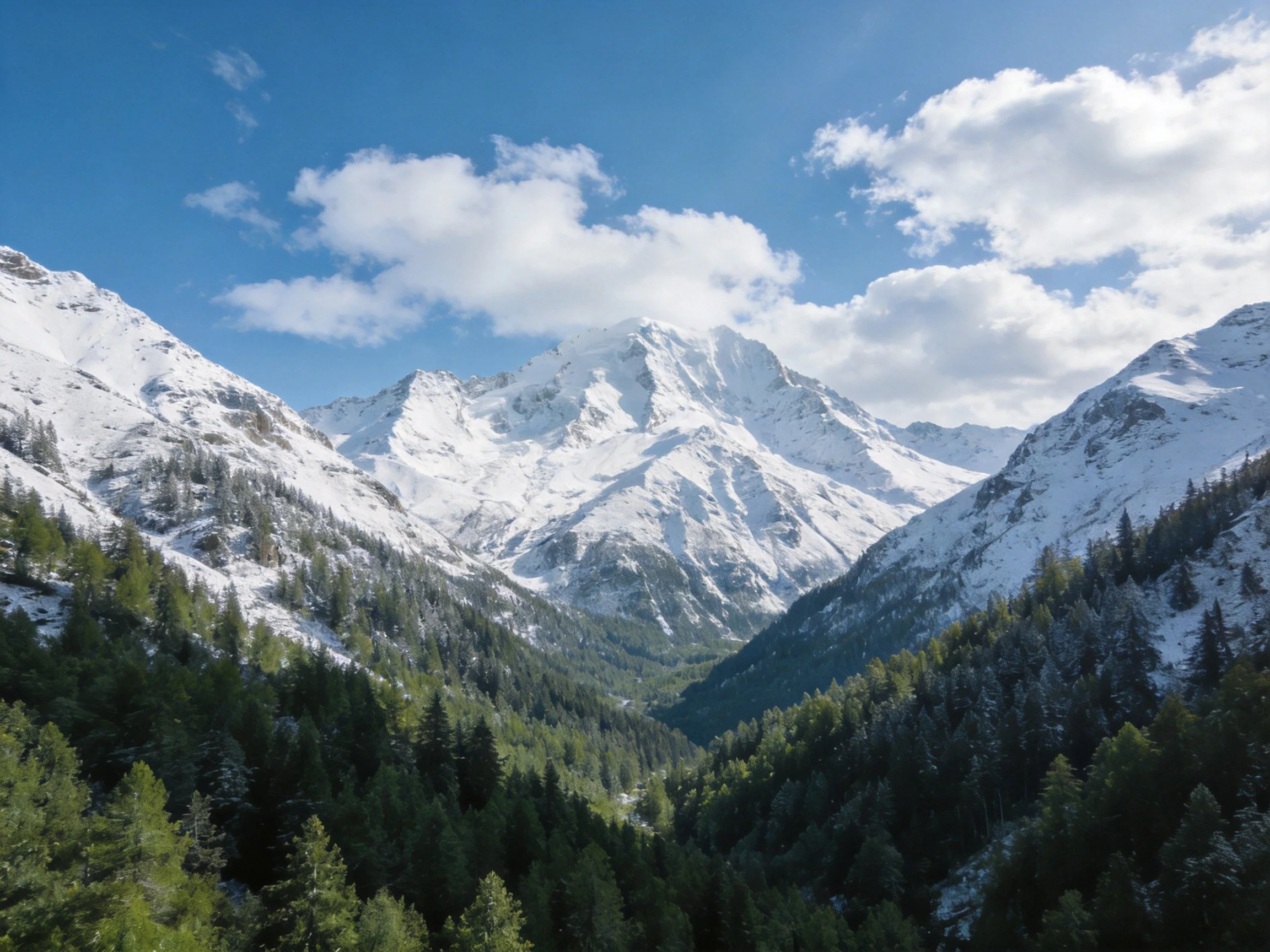 Snow-capped mountains tower over lush forest valleys under bright blue sky