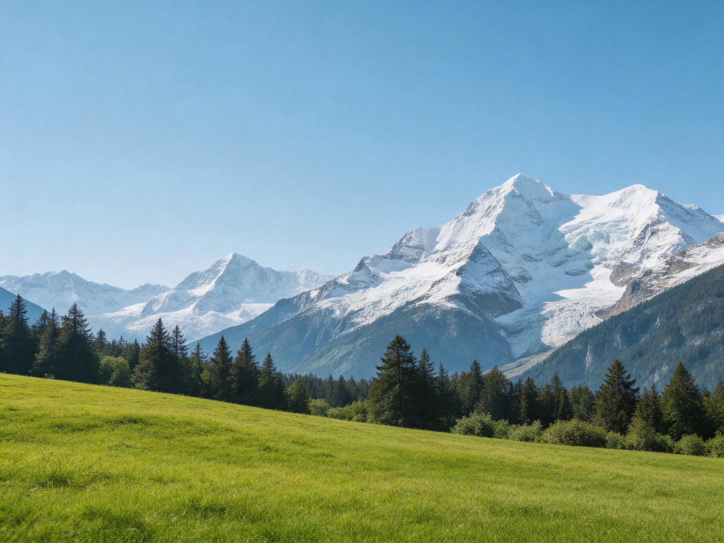 Snow - capped mountains tower over lush green meadows and pine forests