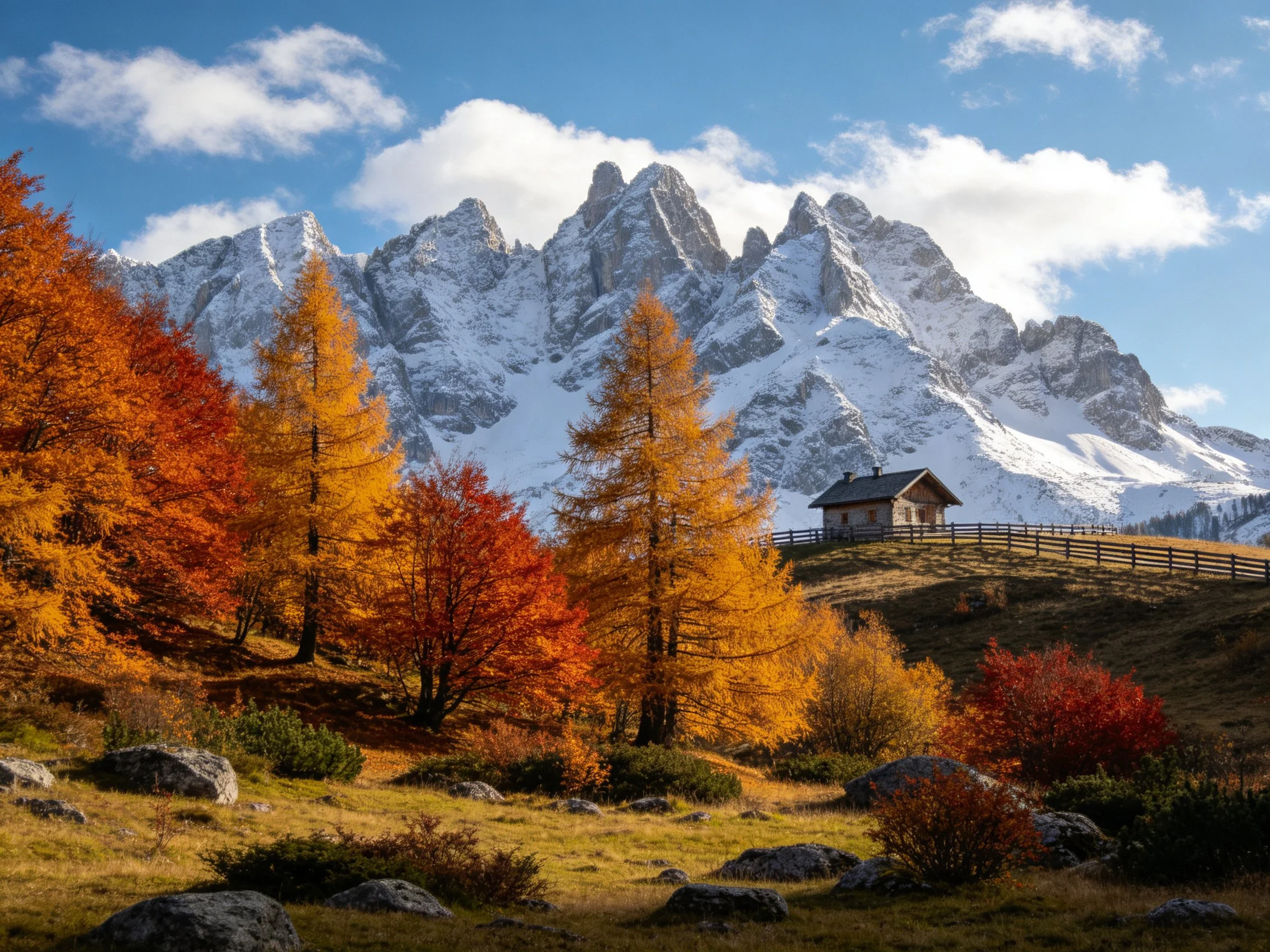 Snow-capped mountains tower over vibrant autumn forest with rustic cabin below