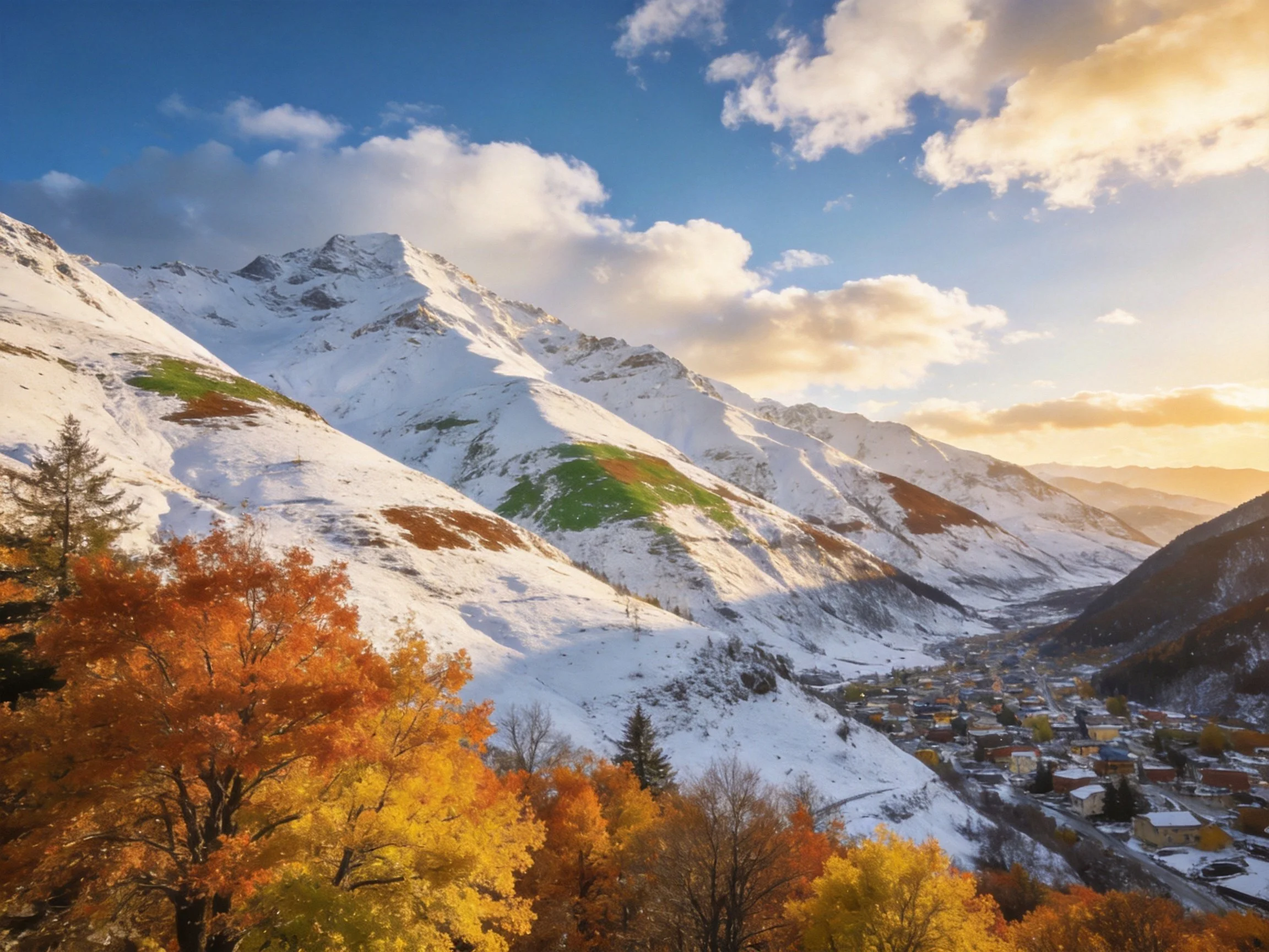 Snow-capped mountains, vibrant autumn trees, and a valley town