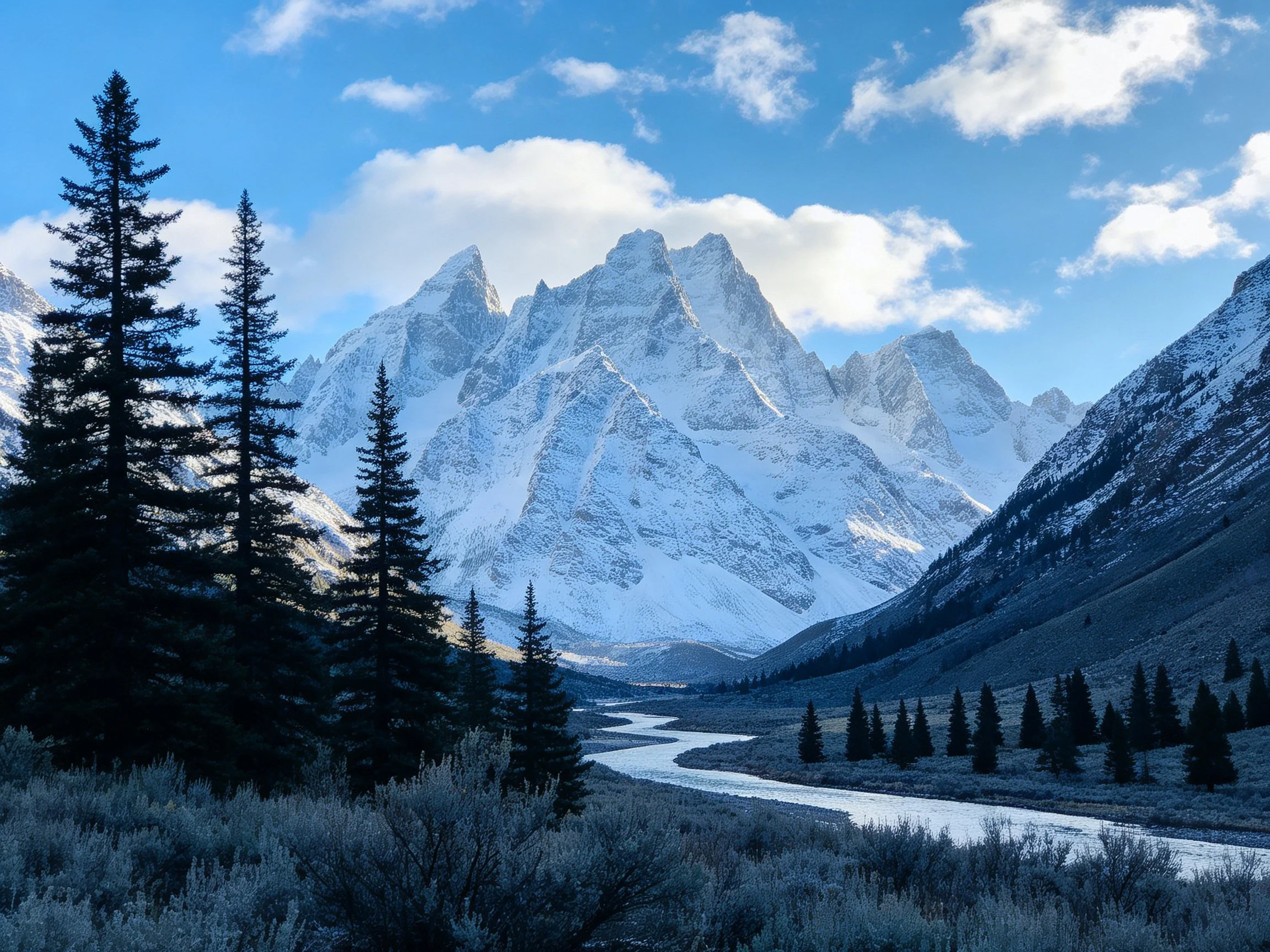 Snow-capped mountains, winding river, and evergreen forest under bright sky